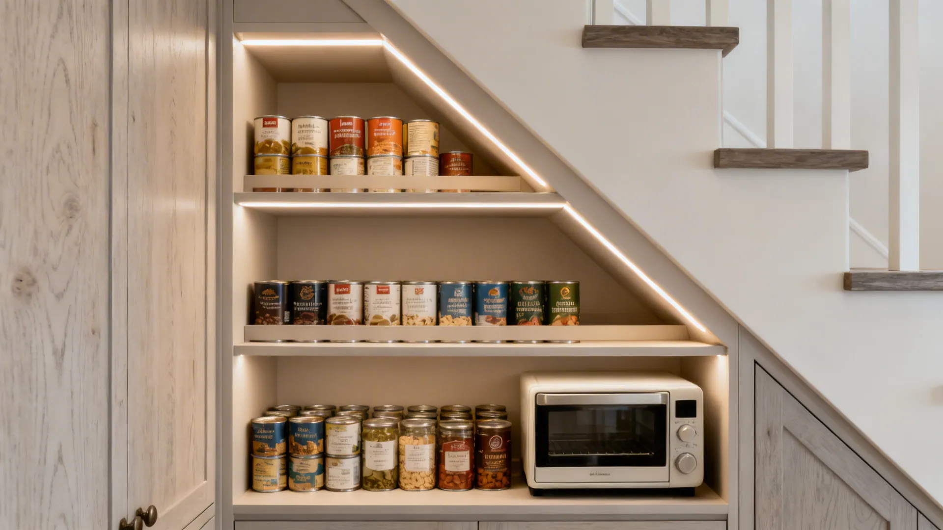 Storage shelves under stairs with built in lights holding food cans and a white oven