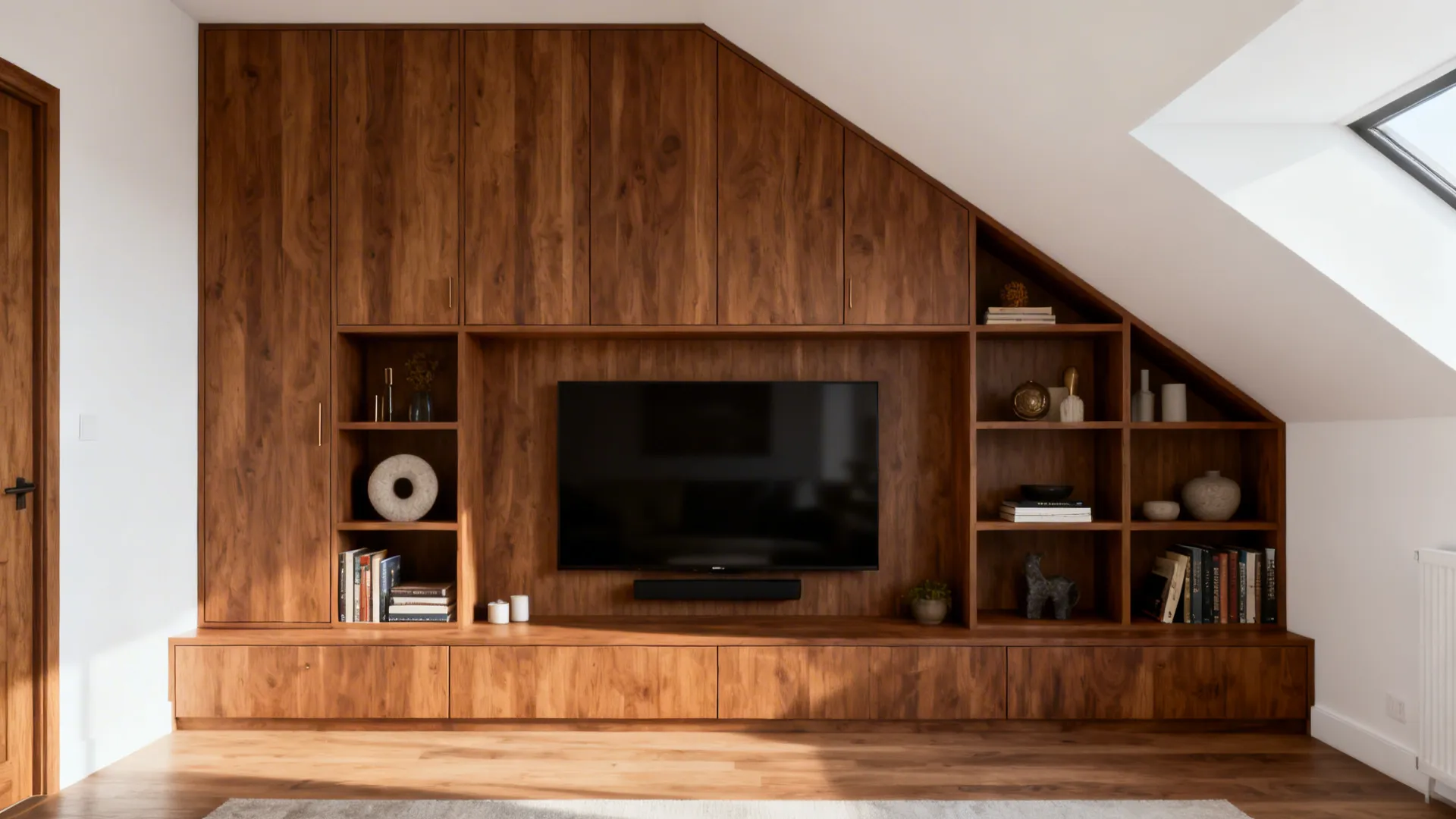 Custom built-in shelving following the slope of a half-vaulted ceiling with warm wood finish