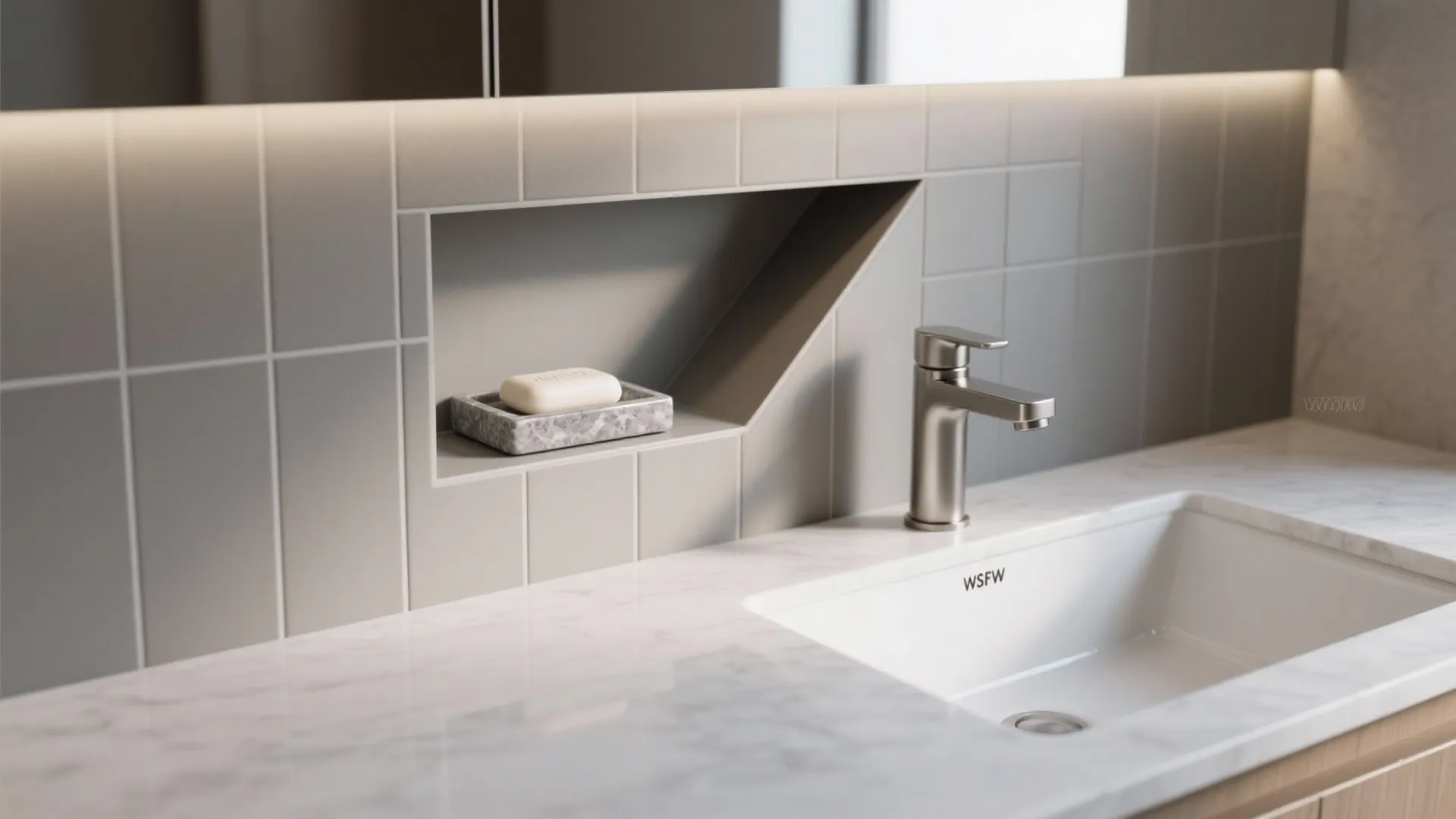 Recessed soap niche with sloped base above a compact sink in matte tile.