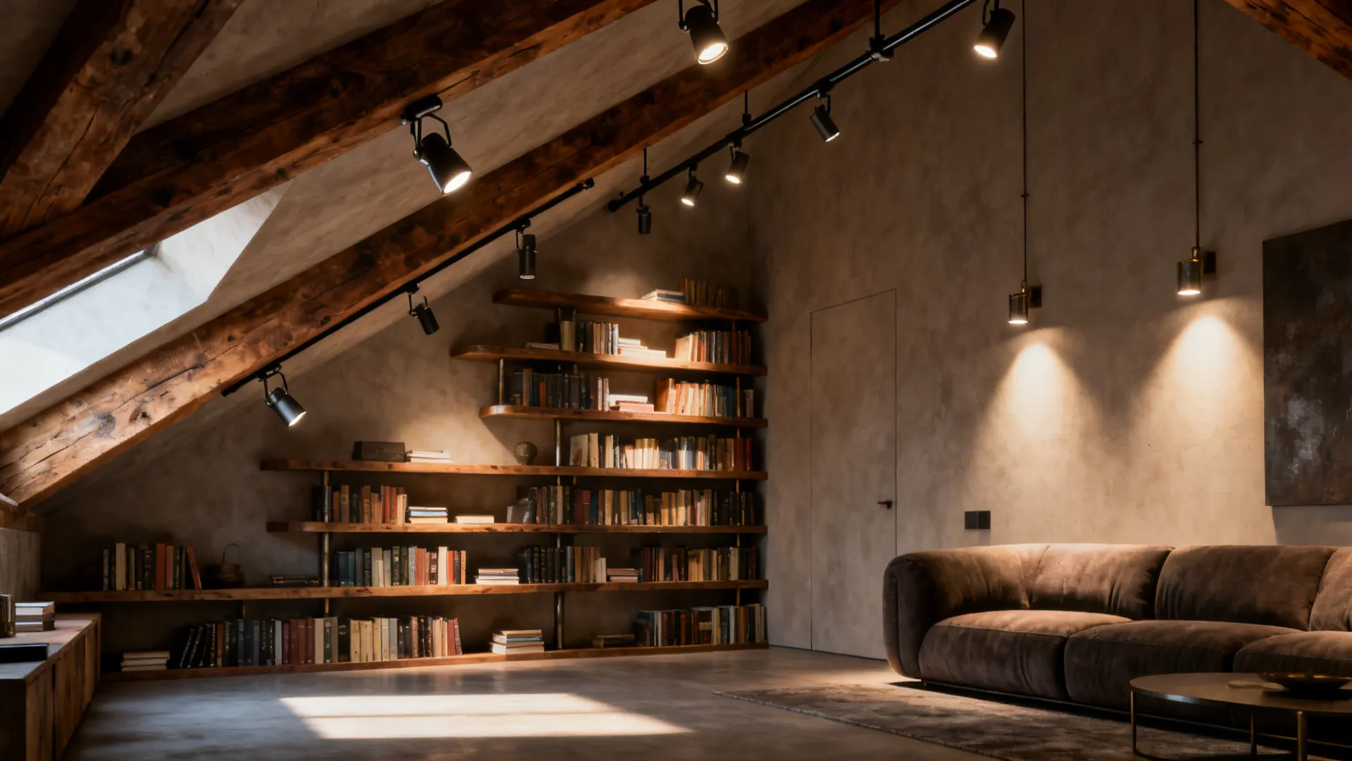 Loft living room with sloped-track lighting following timber rafters and highlighting shelves.