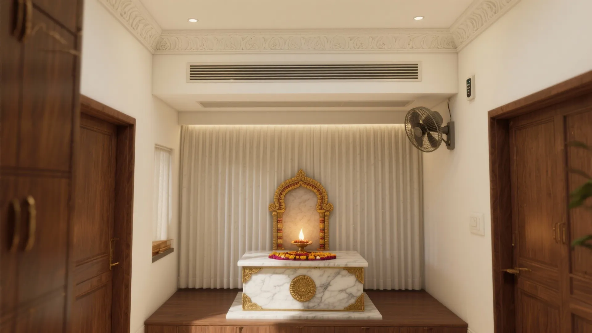 Pooja room with a concealed linear slot diffuser along the cornice delivering a soft air curtain past the altar.
