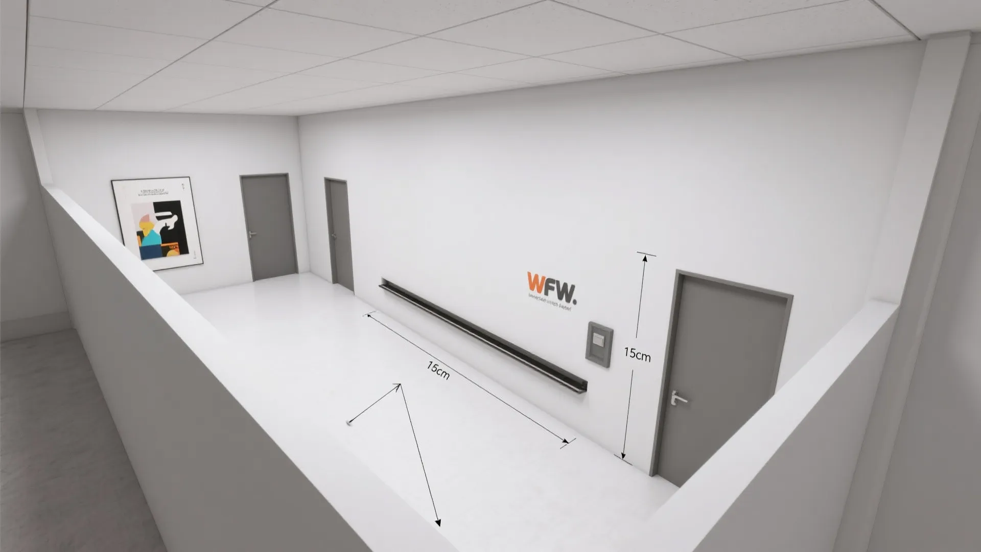 Modern white hallway interior design drawing with dimension lines showing layout of doors and wall
