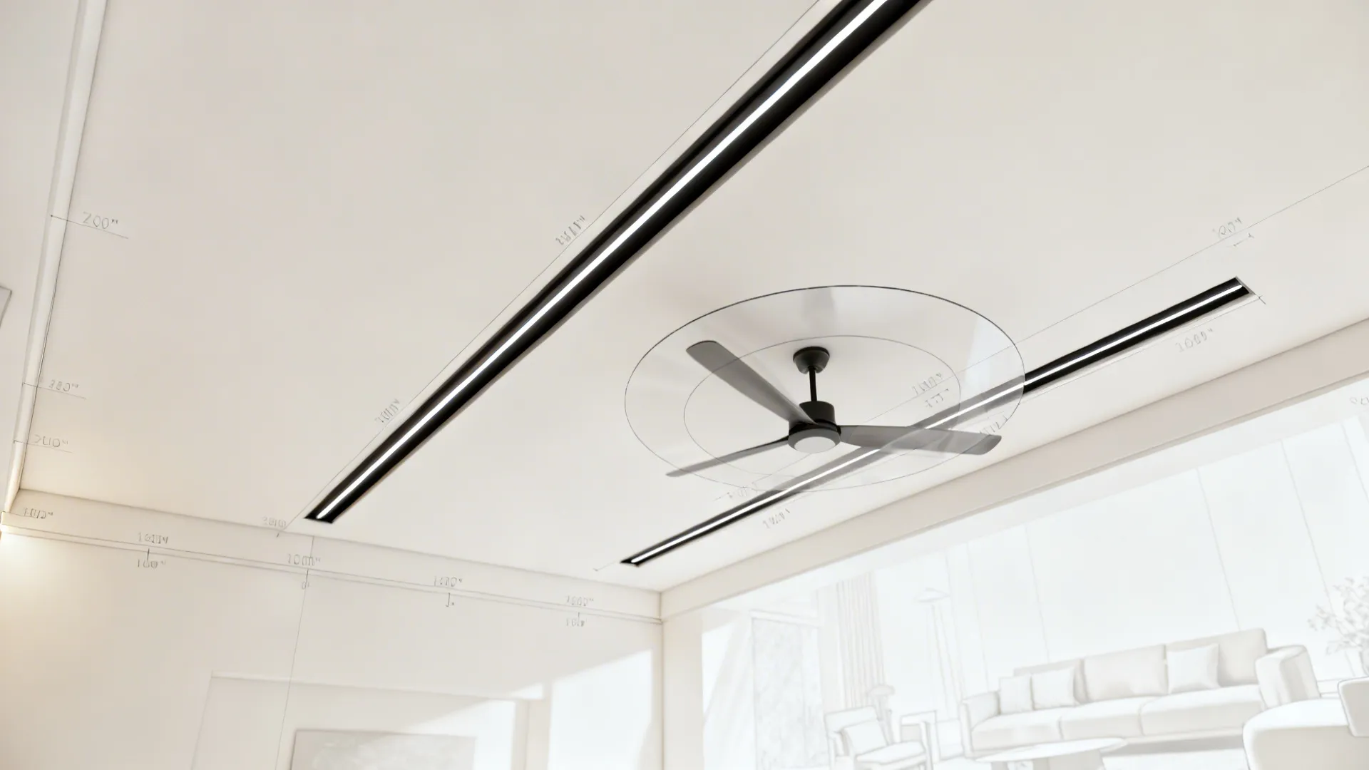 Interior design drawing showing white ceiling with linear lights and a black spinning ceiling fan