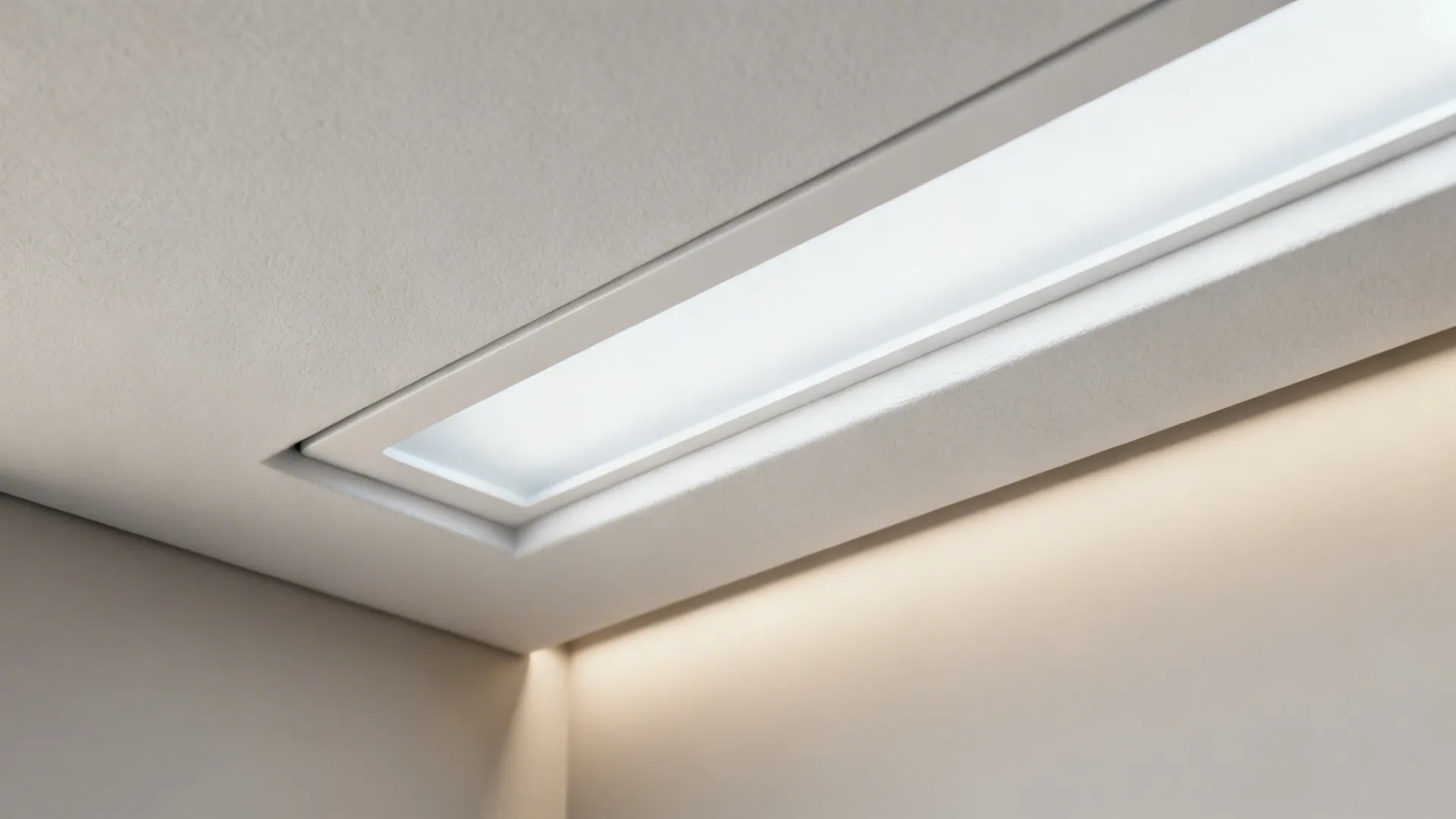 Macro view of linear slot diffuser in a pop bulkhead with nearby concealed LED wash.