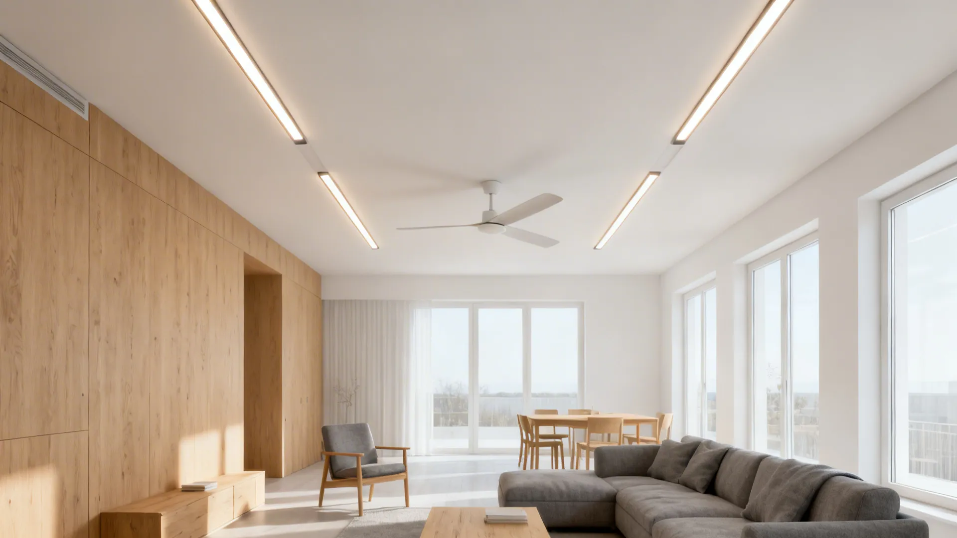 Minimalist living area with grey sofa wood wall panels white ceiling fan and linear light fixtures