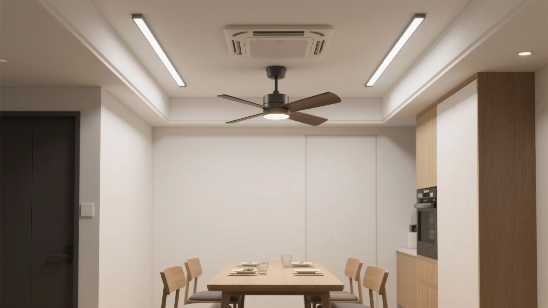 Minimalist dining area with wooden table chairs light fixtures and ceiling fan in white room layout