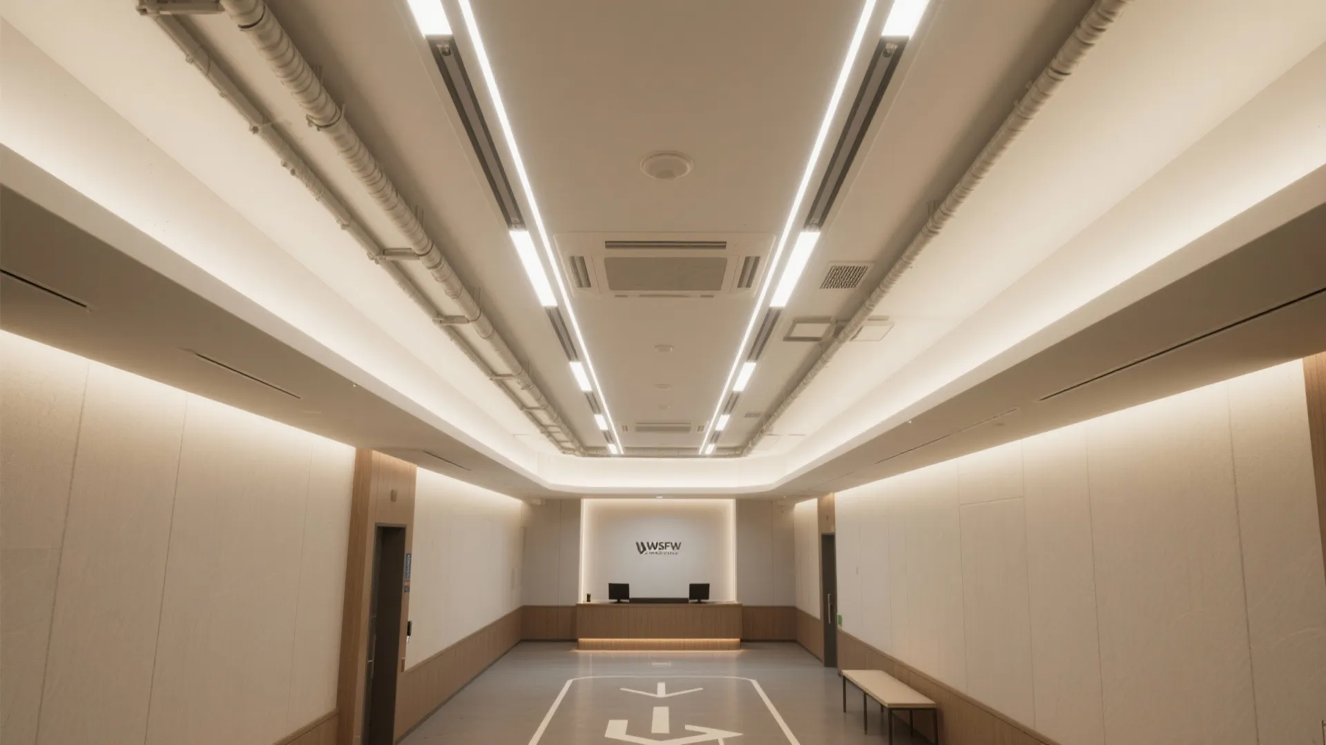 Modern office hallway featuring long bright ceiling light strips with white walls and wood desk