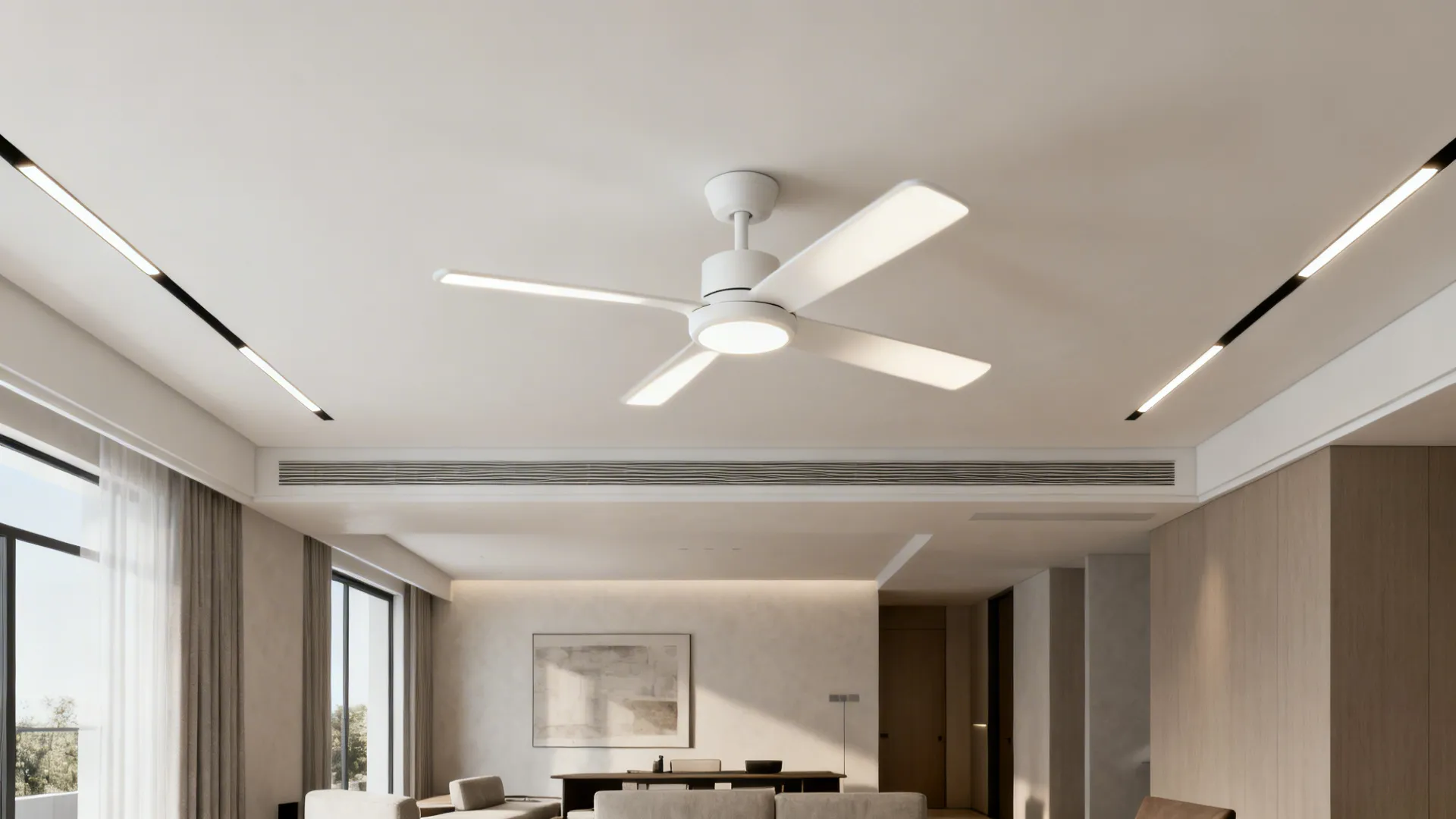 Clean ceiling plane with two linear slot lights positioned clear of a centered matte white fan.