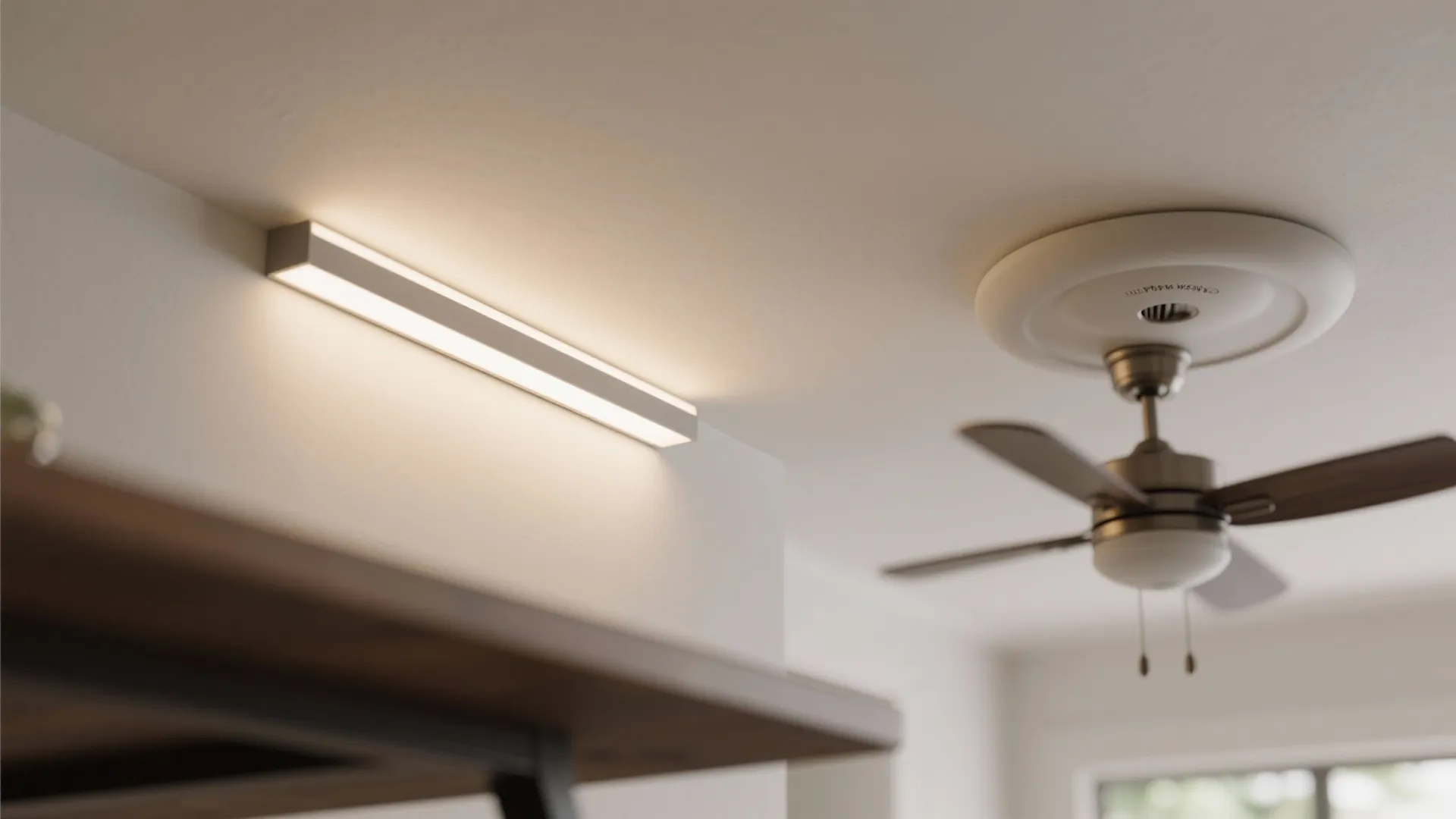 Close up view of modern light fixture and ceiling fan in white interior design drawing room
