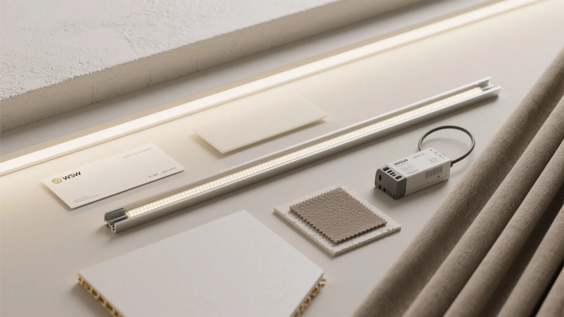 Flatlay of LED slot profile, diffuser, high-CRI strip, drivers, gypsum sample, and acoustic textiles.