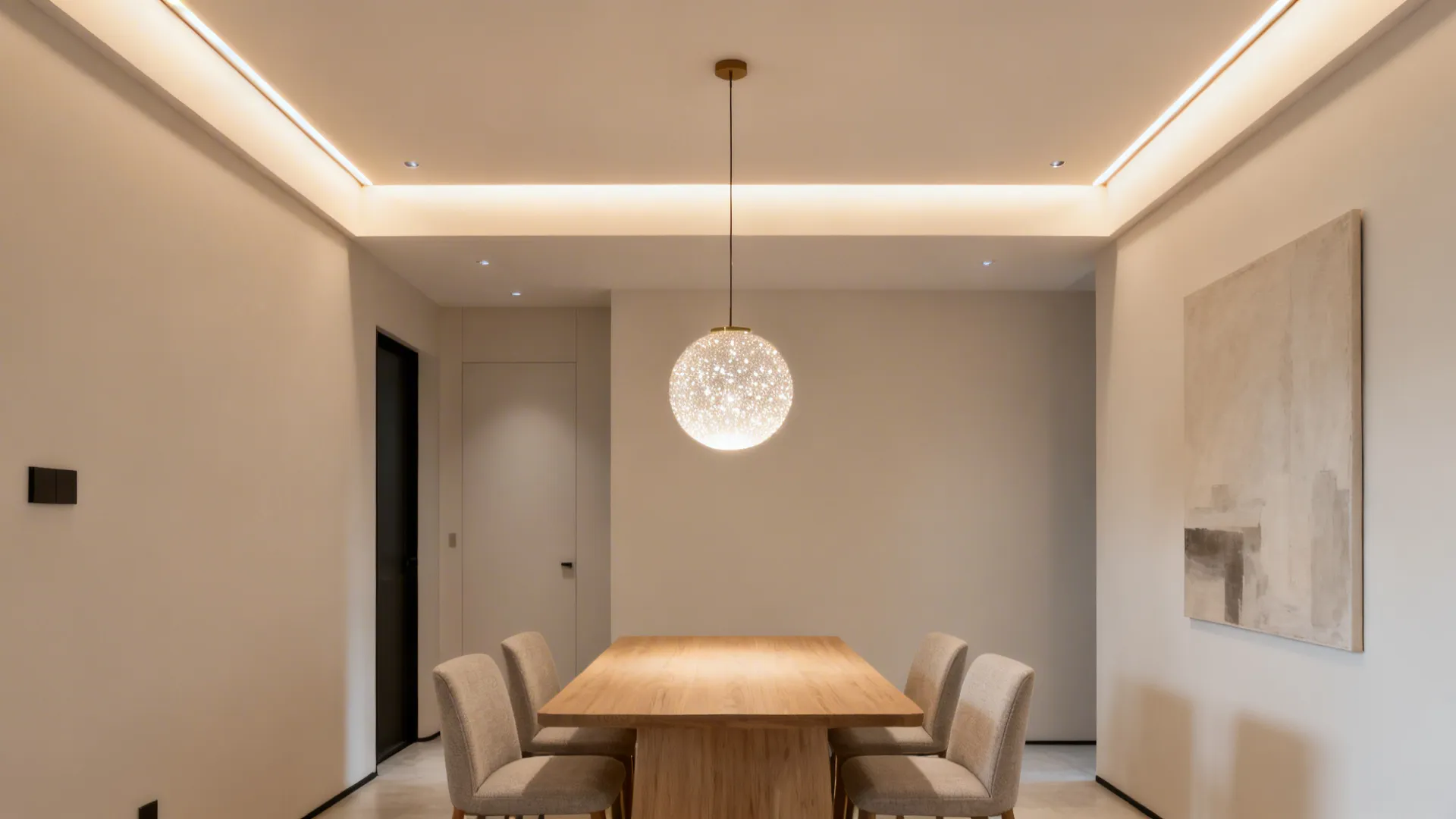 Small dining with a recessed ceiling slot and a centered pendant light.