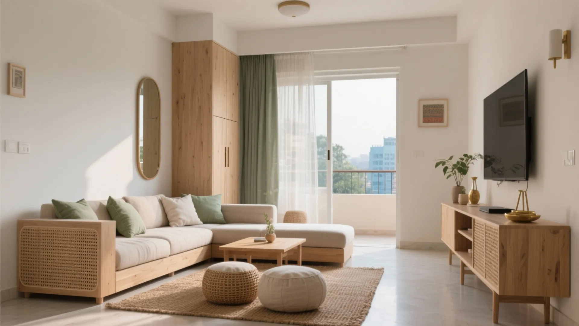 Bright modern living room with corner sofa wooden cabinet television wall light and balcony city view