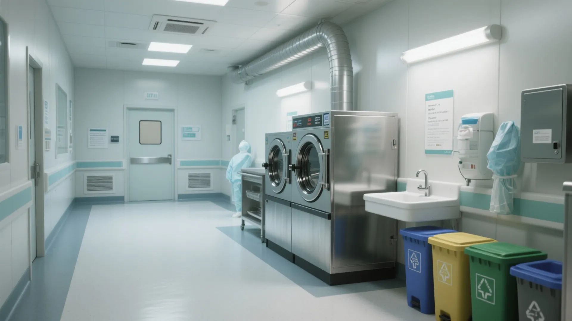 Clean hospital laundry room with washing machines and sink plus colorful trash cans and white walls