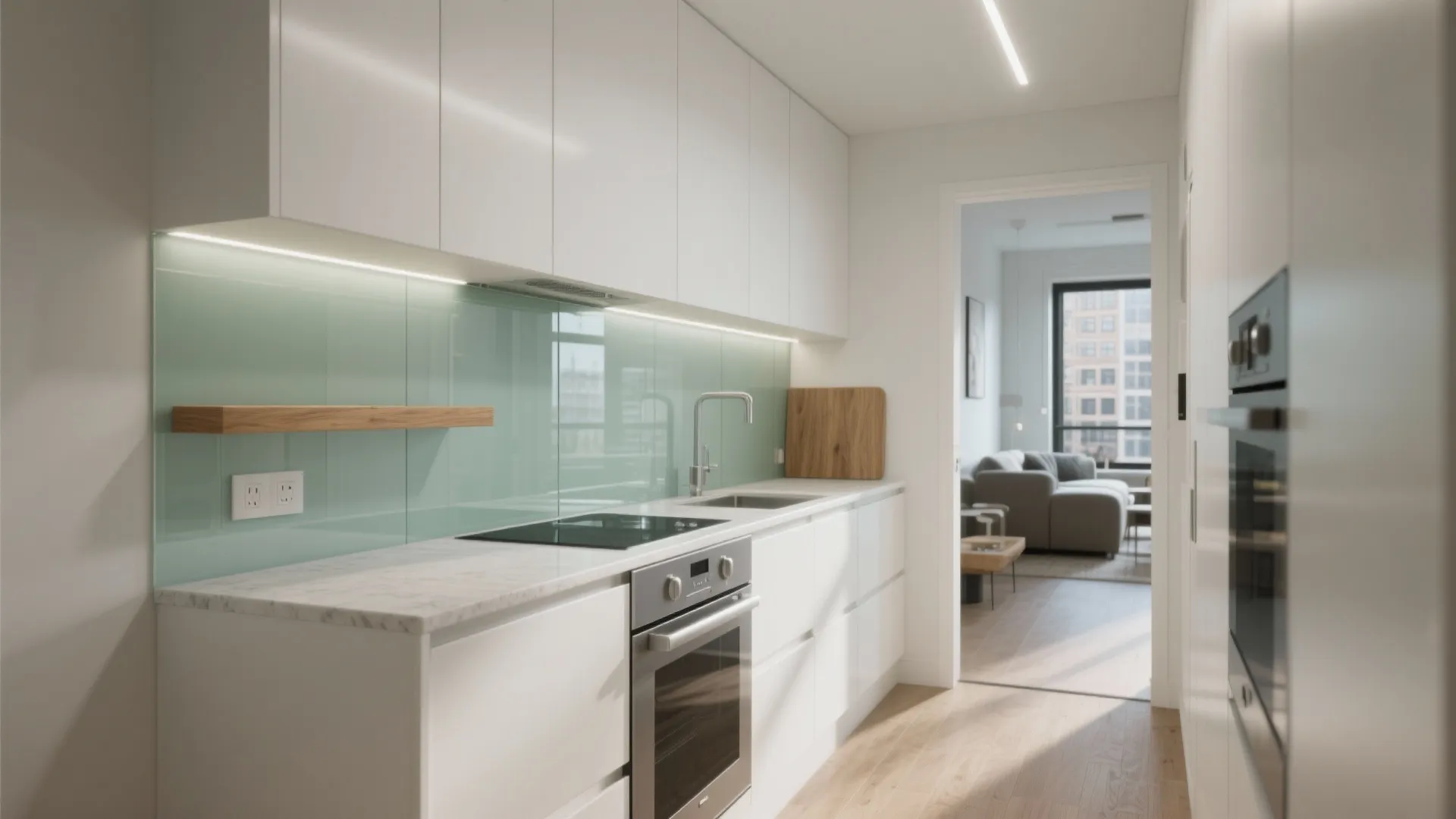 Modern white kitchen with glass wall panels wooden shelf oven and view into living room
