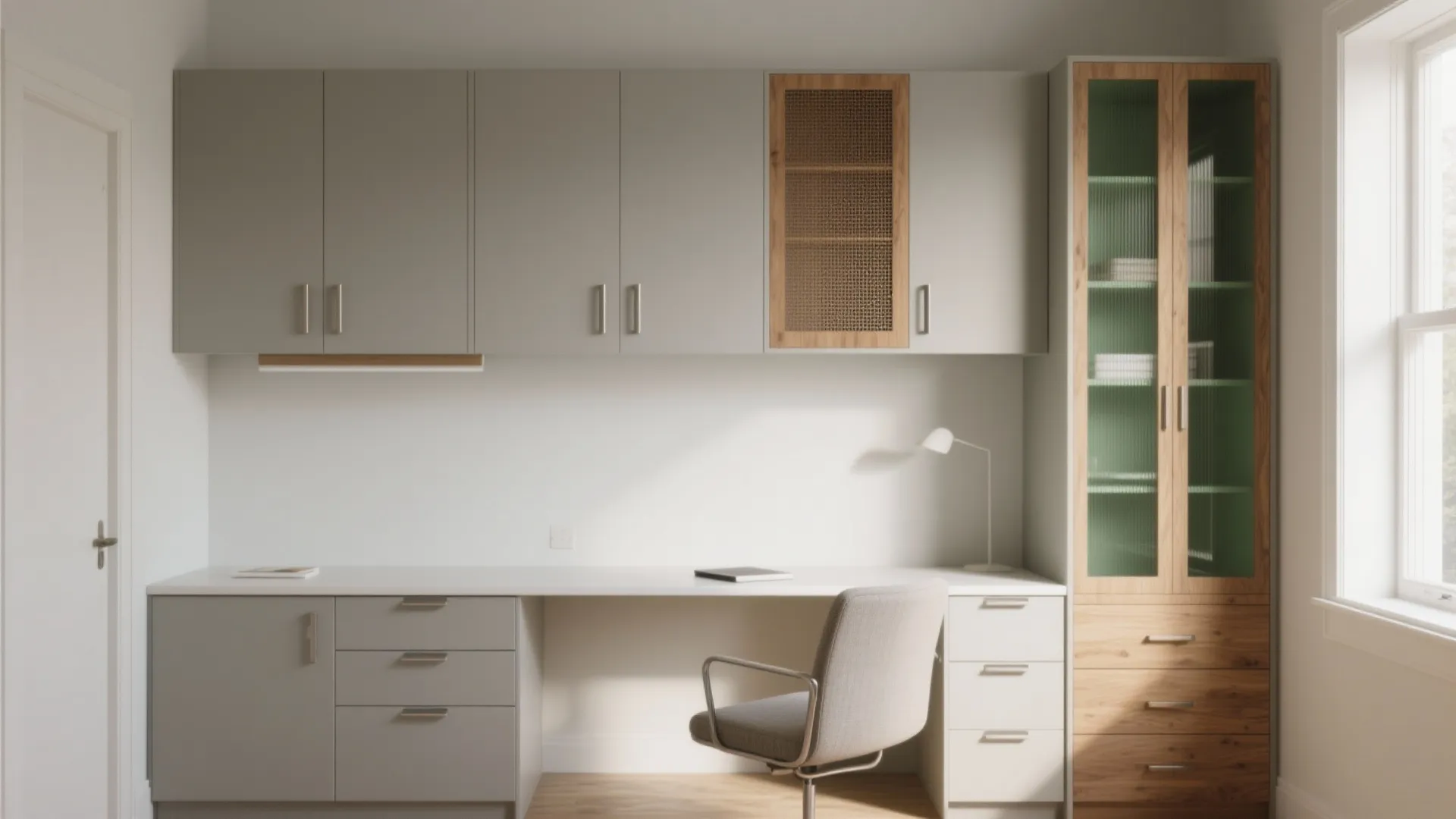 Modern home office with grey cabinets white desk grey chair wood shelving and natural light