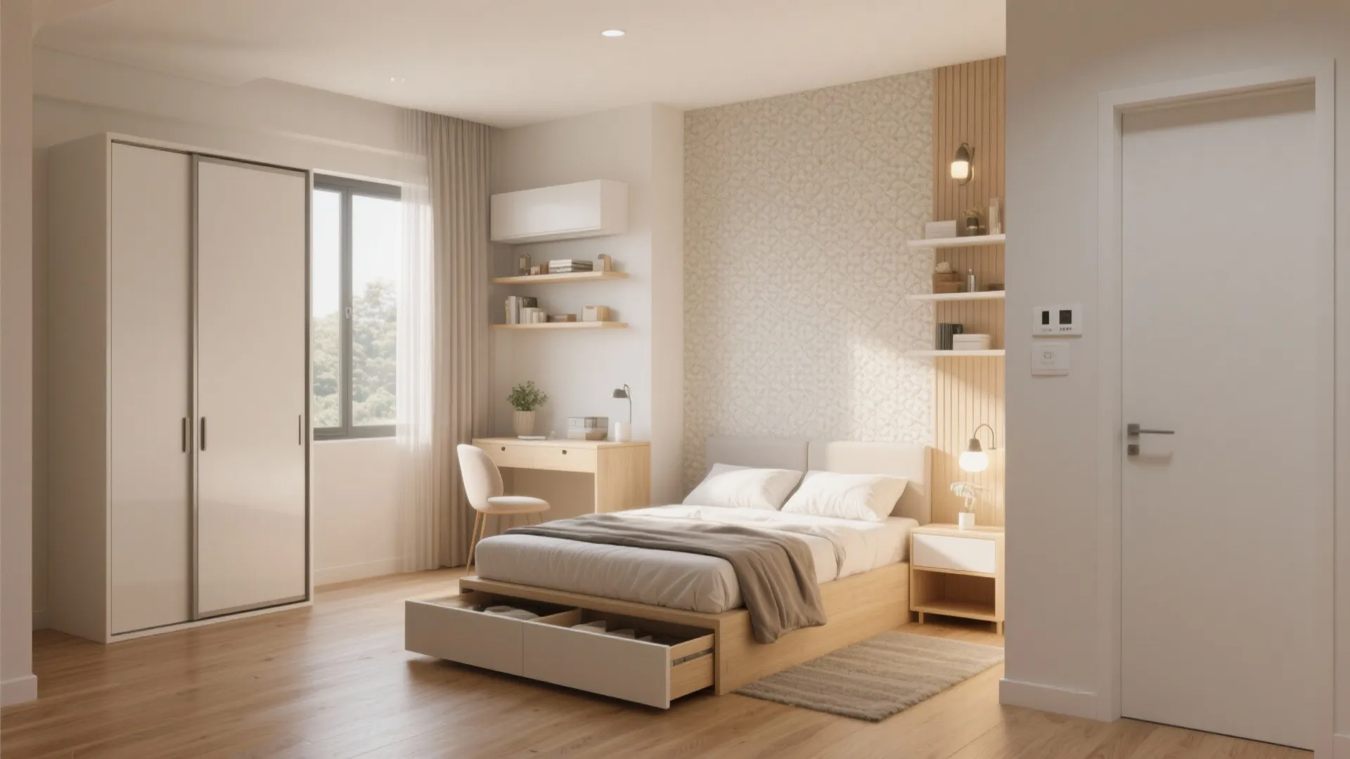 Small bedroom interior design drawing with storage bed wooden floor white wardrobe and small study desk