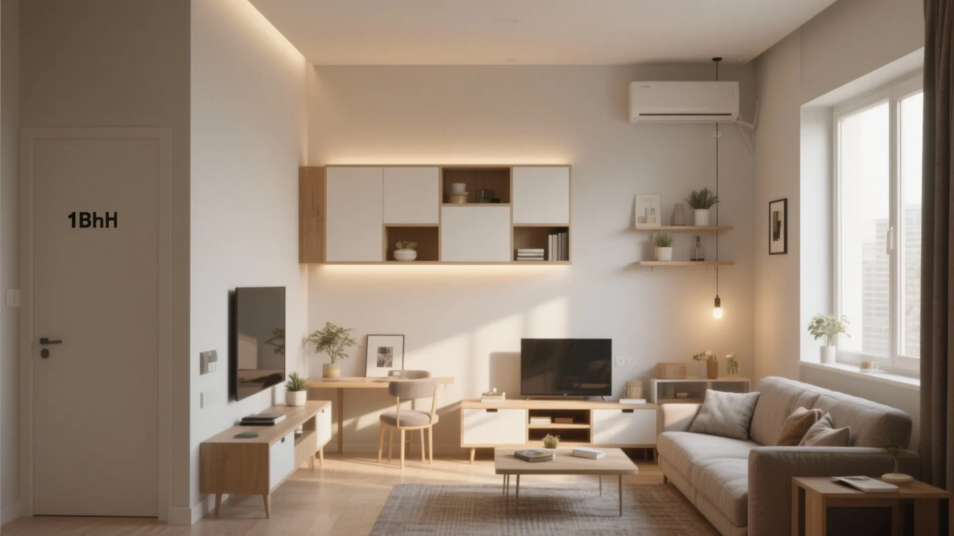 Small modern living room with a grey sofa wooden tv cabinet and wall mounted cabinets