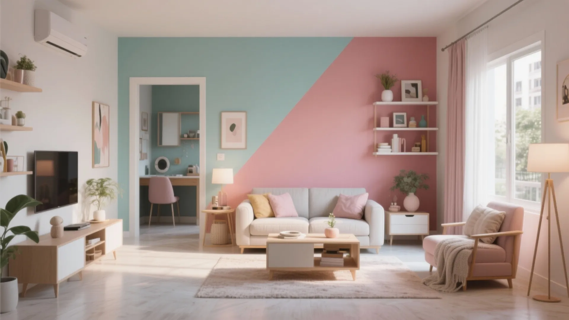 Modern living room with pink and blue diagonal wall paint light grey sofa and wooden table