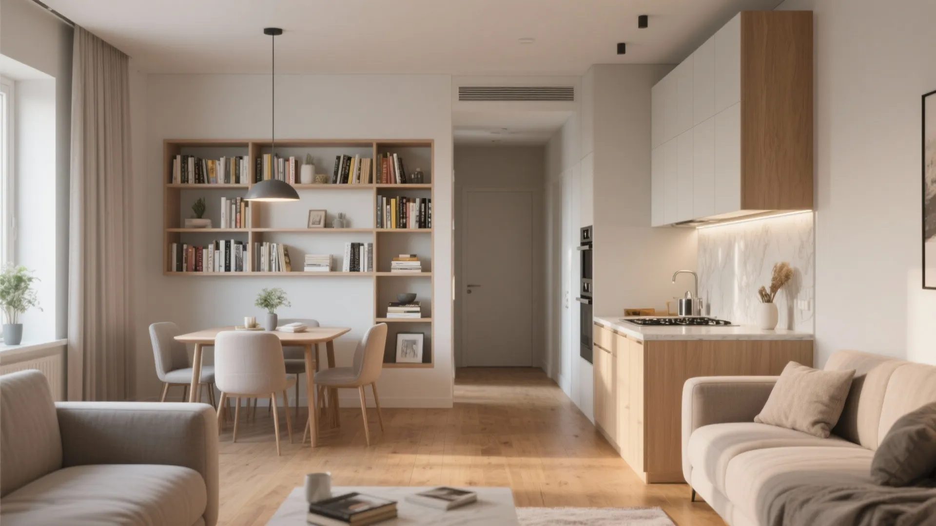 Bright open plan living room featuring wooden dining table and modern kitchen with white cabinets