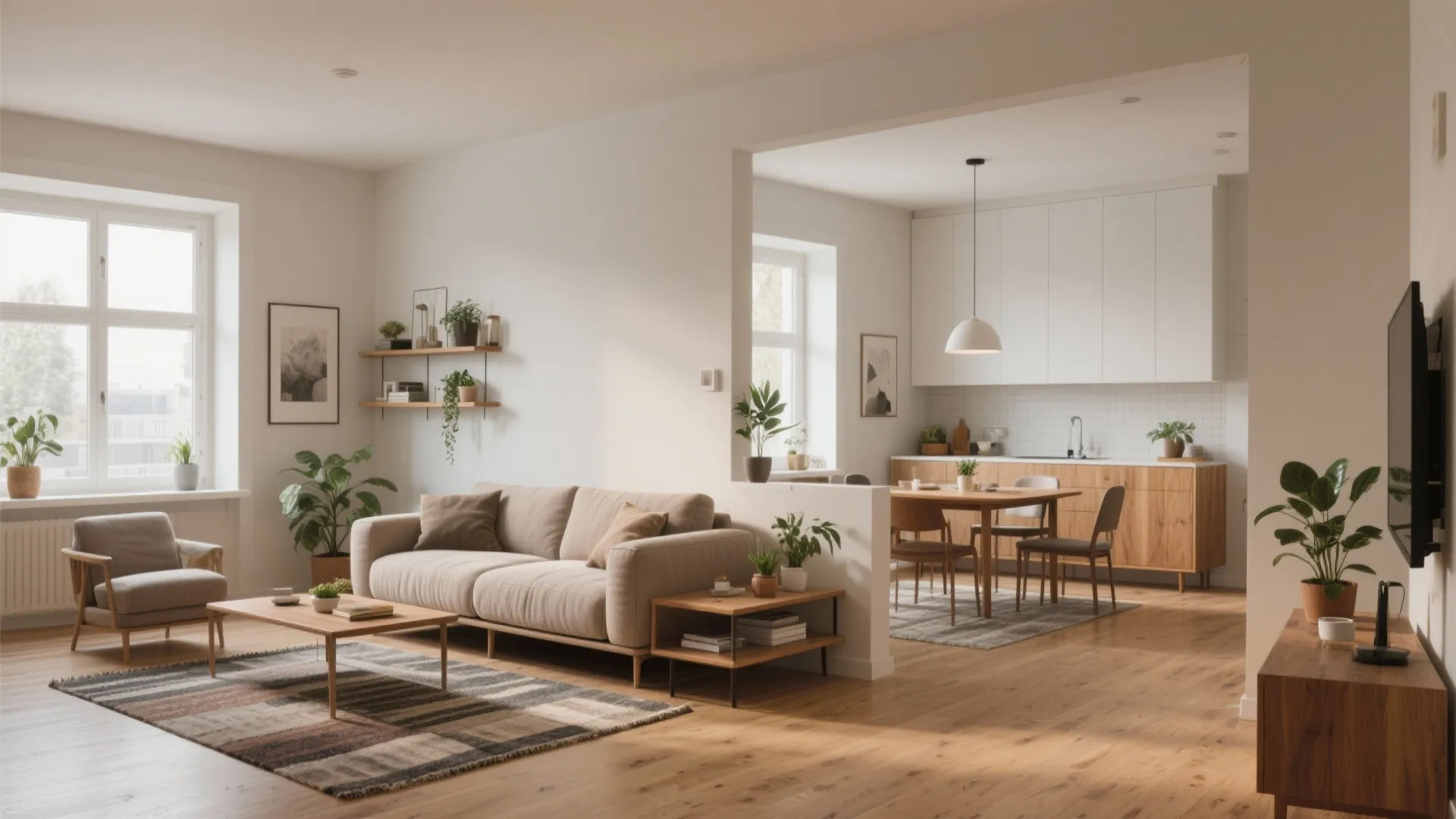 Modern open living room with beige sofa coffee table wooden floor and kitchen dining area view