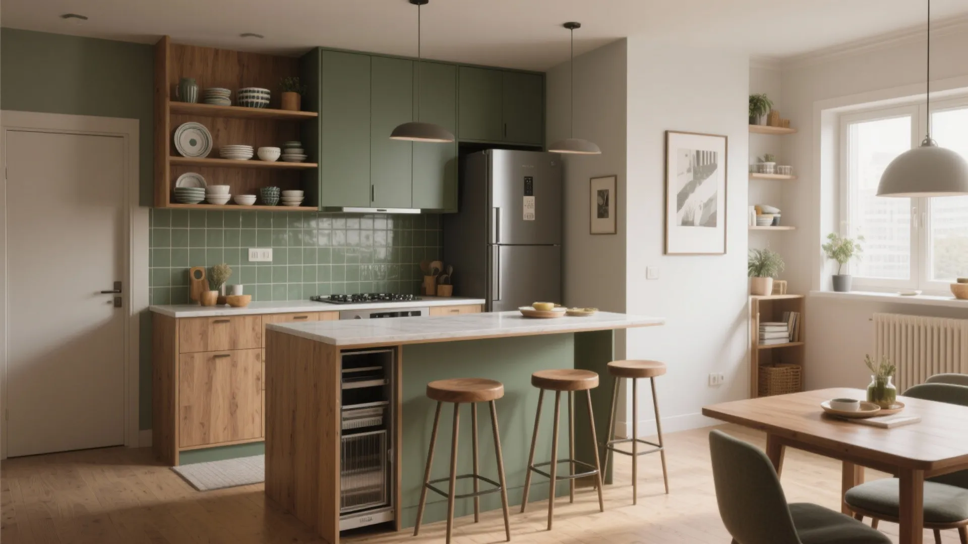 Small green and wood kitchen with a kitchen island three wooden stools and silver fridge