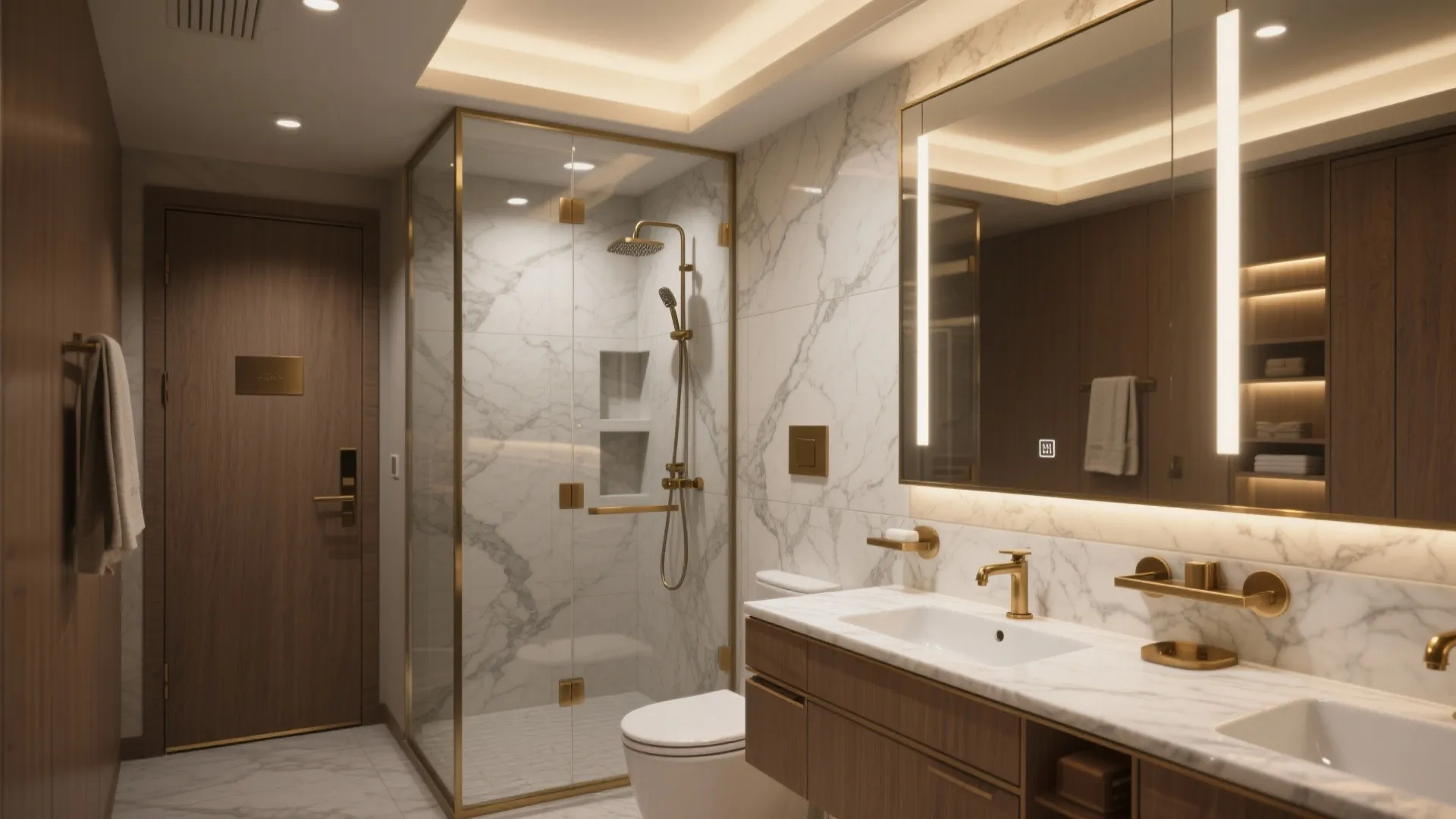 Modern bathroom with white marble walls gold glass shower wooden cabinet sink and large mirror