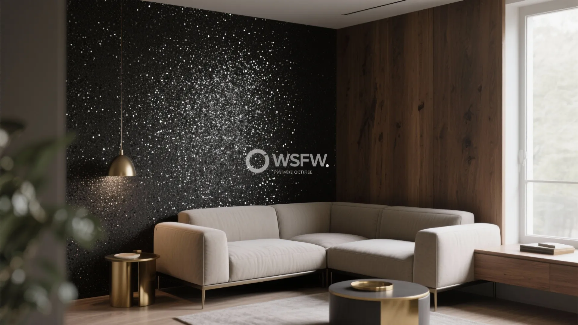 Modern living room with beige sofa dark glitter wall wood paneling and gold ceiling light