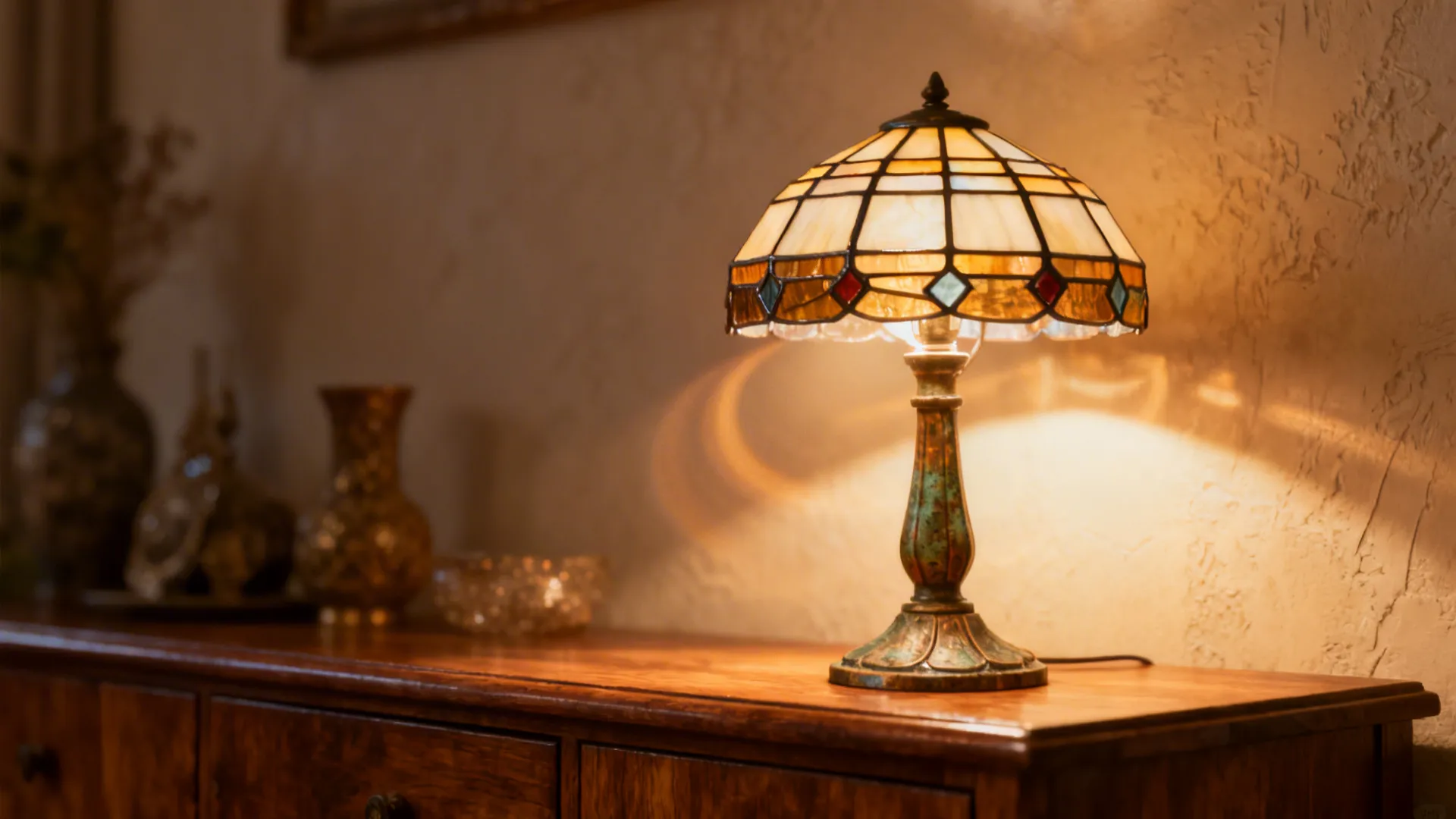 Small Tiffany lamp on a sideboard casting a subtle halo of warm light over decor.