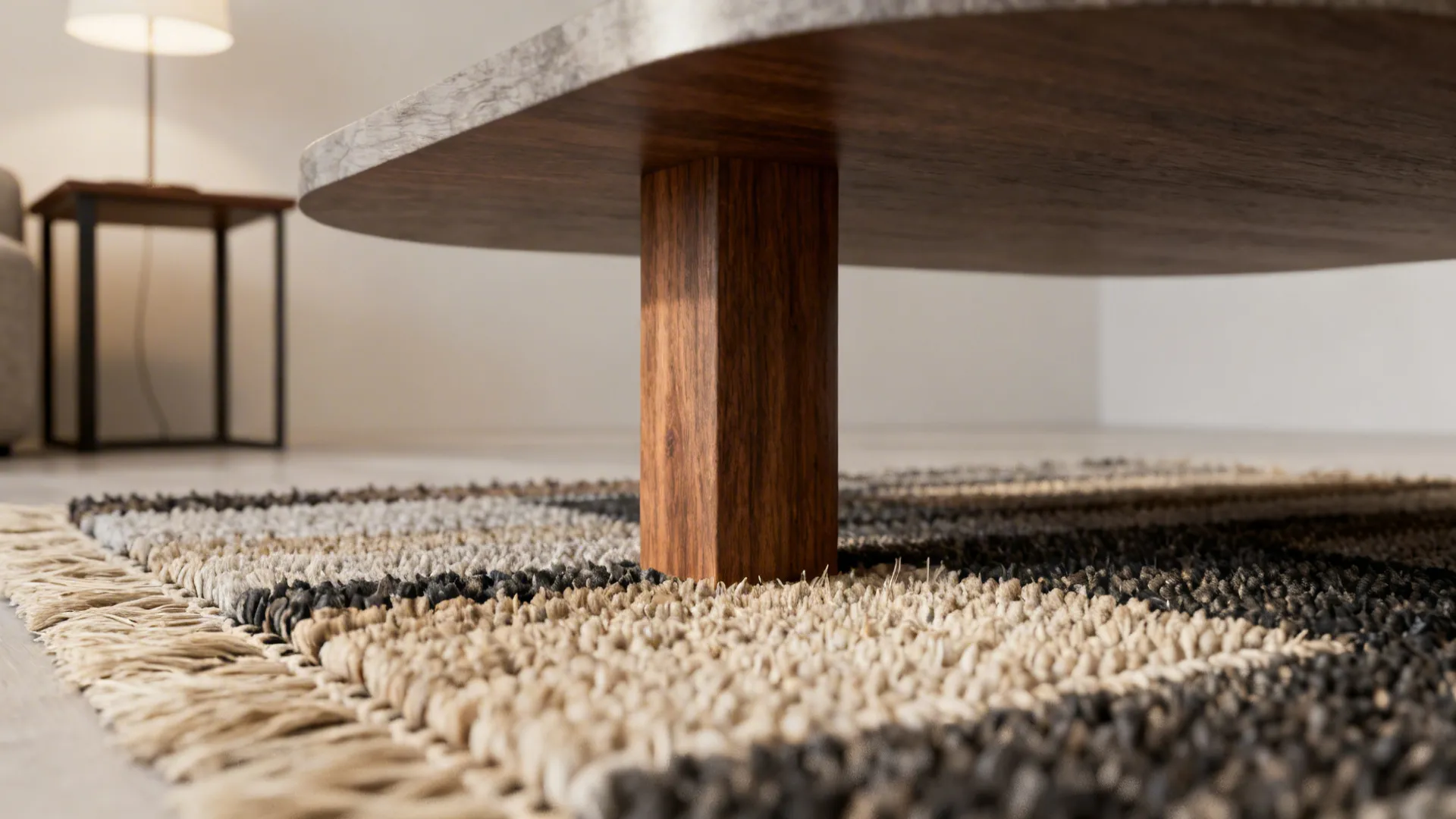 Close-up of a small rug under a coffee table showing texture and layering