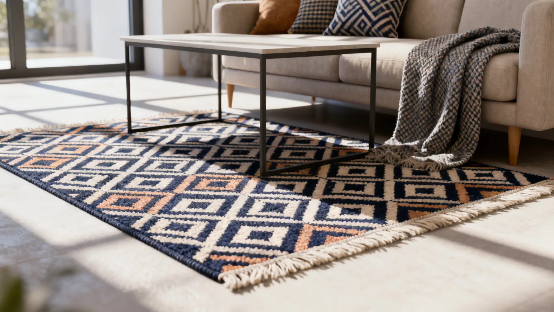Small patterned rug used as an accent in front of a loveseat with complementary textiles.