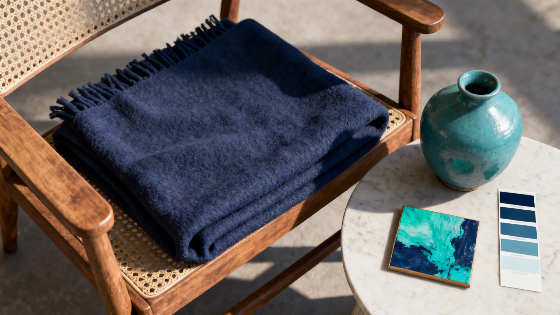Still-life of small teal and navy accents including a ceramic vase, artwork and a navy throw