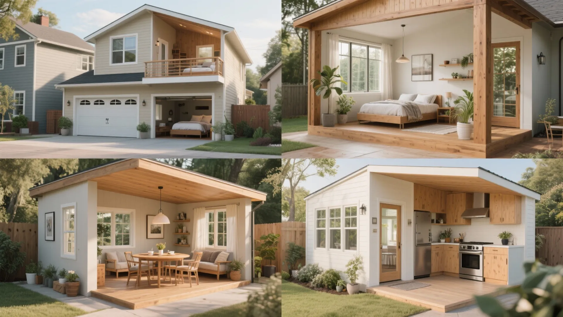 Four-panel interior design drawing showing garage conversion, bedroom addition, outdoor dining area, and small kitchen setup