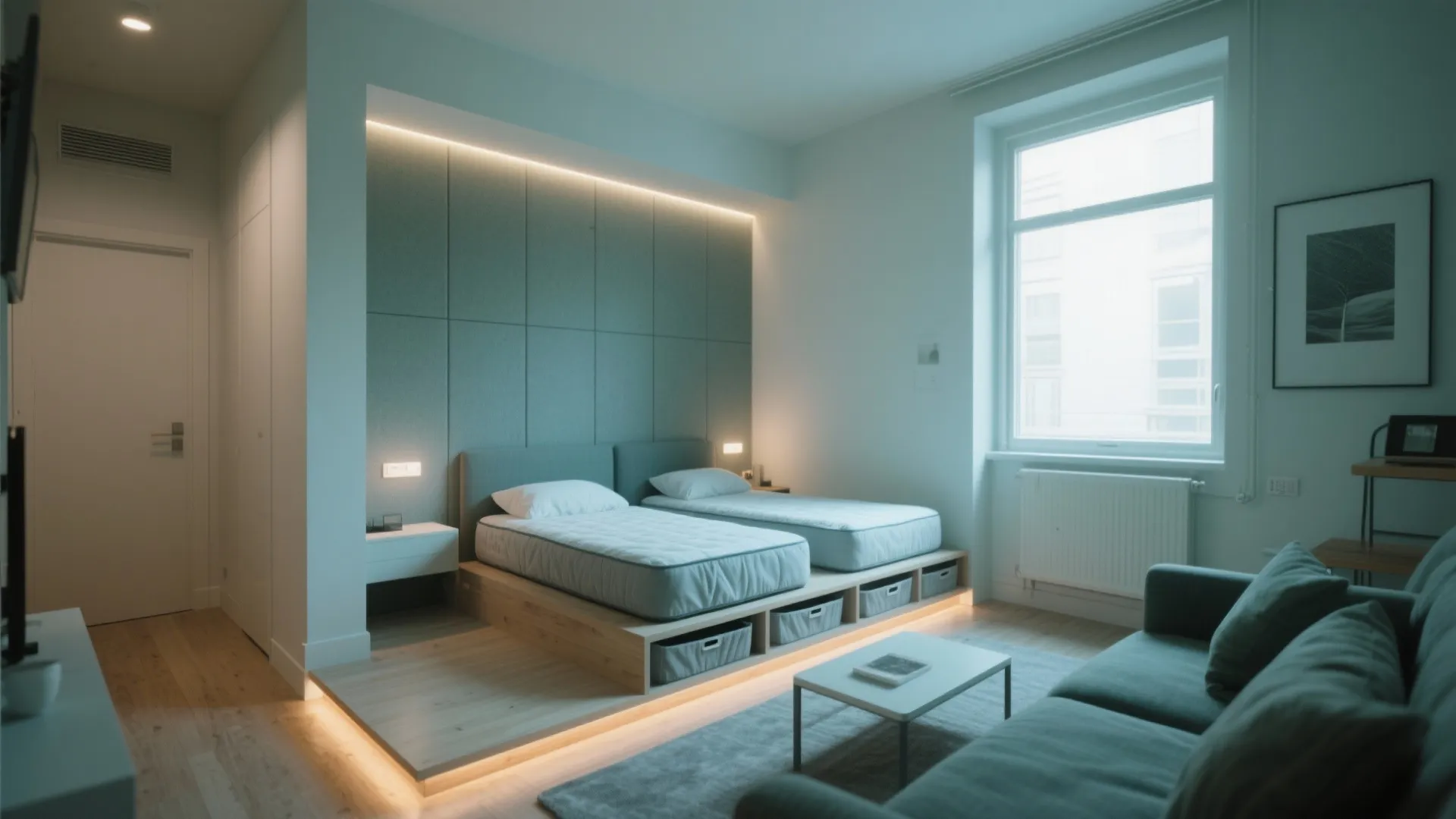 Modern studio apartment with twin beds on wooden platform green wall panel and sofa seating