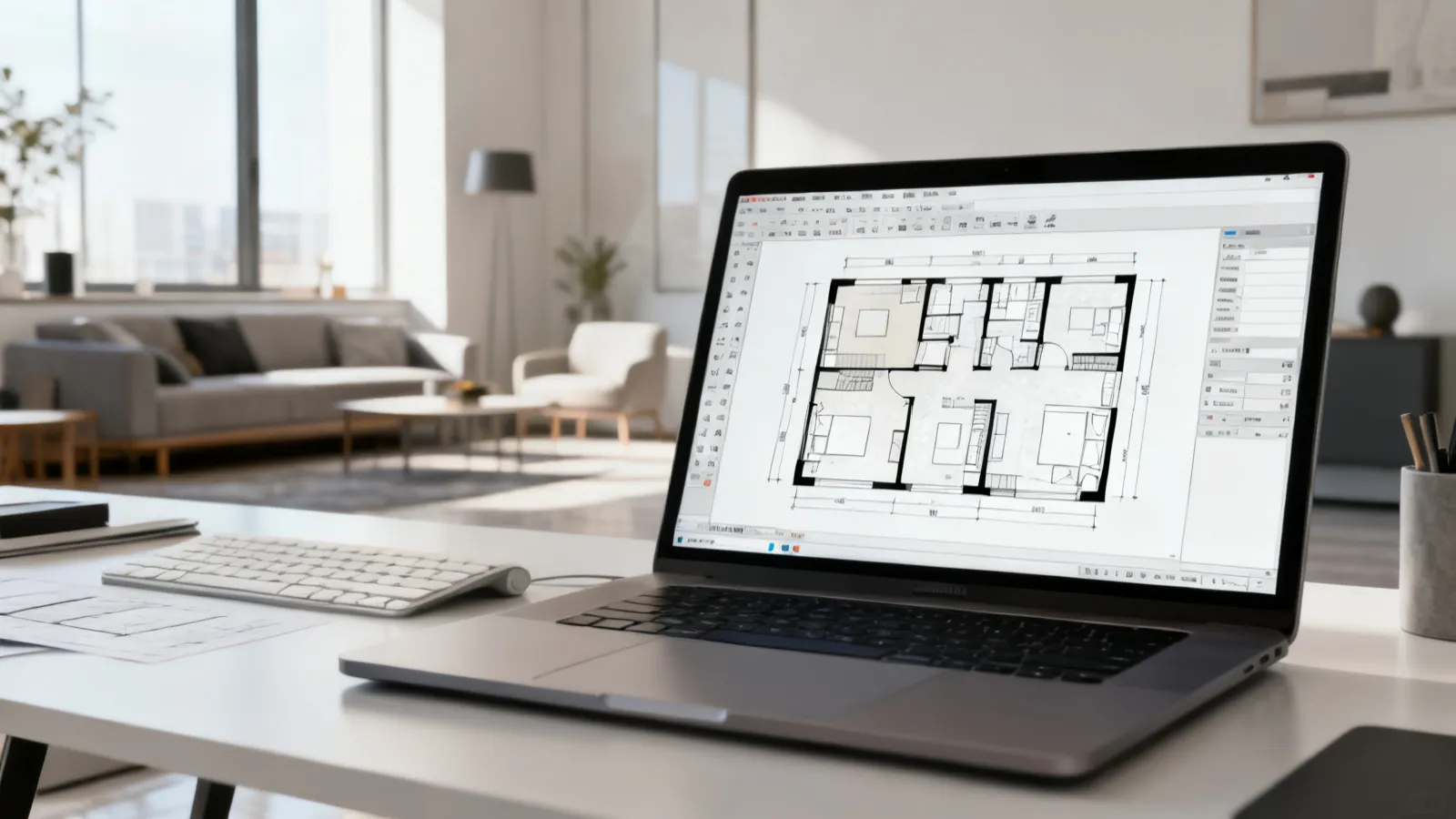 Designer creating a 2D floor plan for a small apartment layout