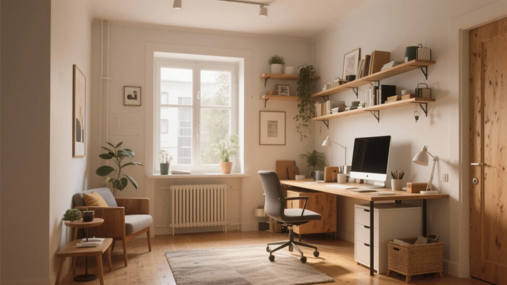 Bright home office with wooden desk computer chair wall shelves plants armchair and large white window