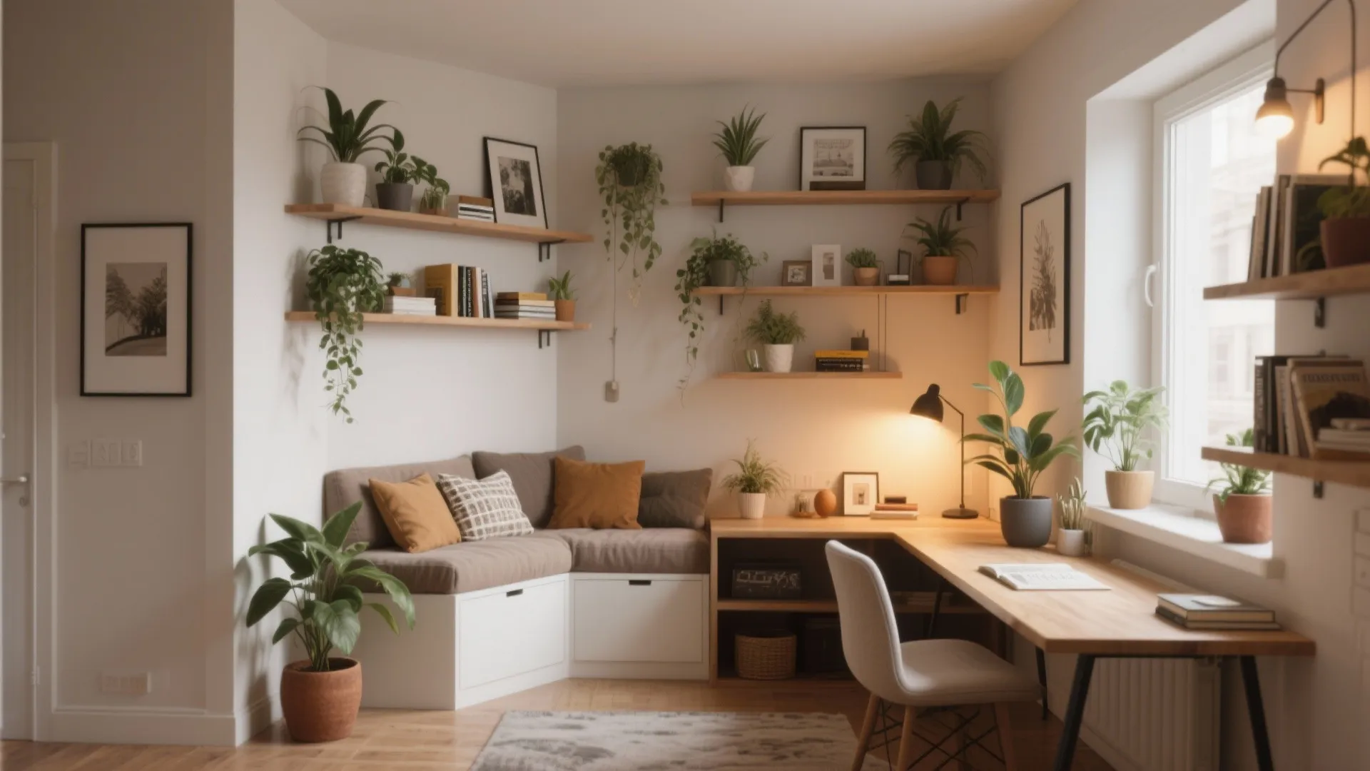 Cozy corner home office with wooden desk white chair brown sofa wall shelves and plants