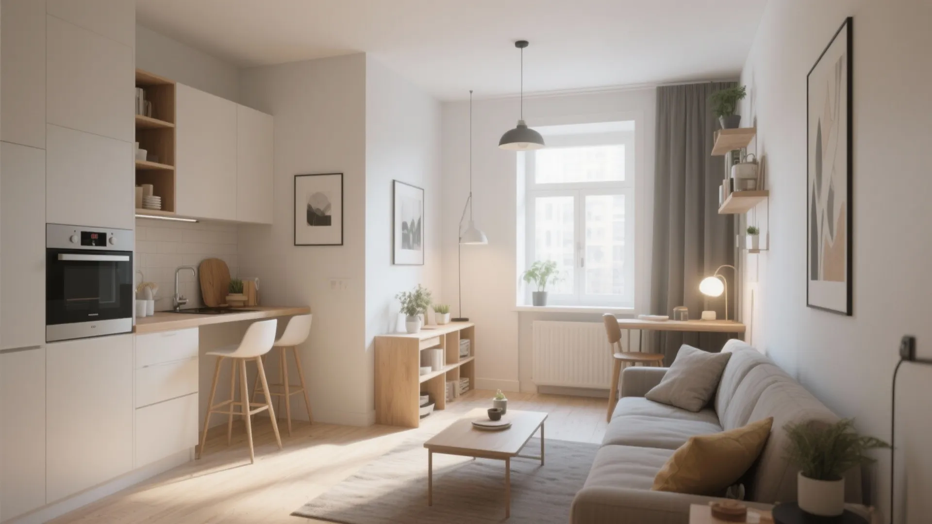 Modern open plan small apartment featuring a compact kitchen area living room and bright natural light