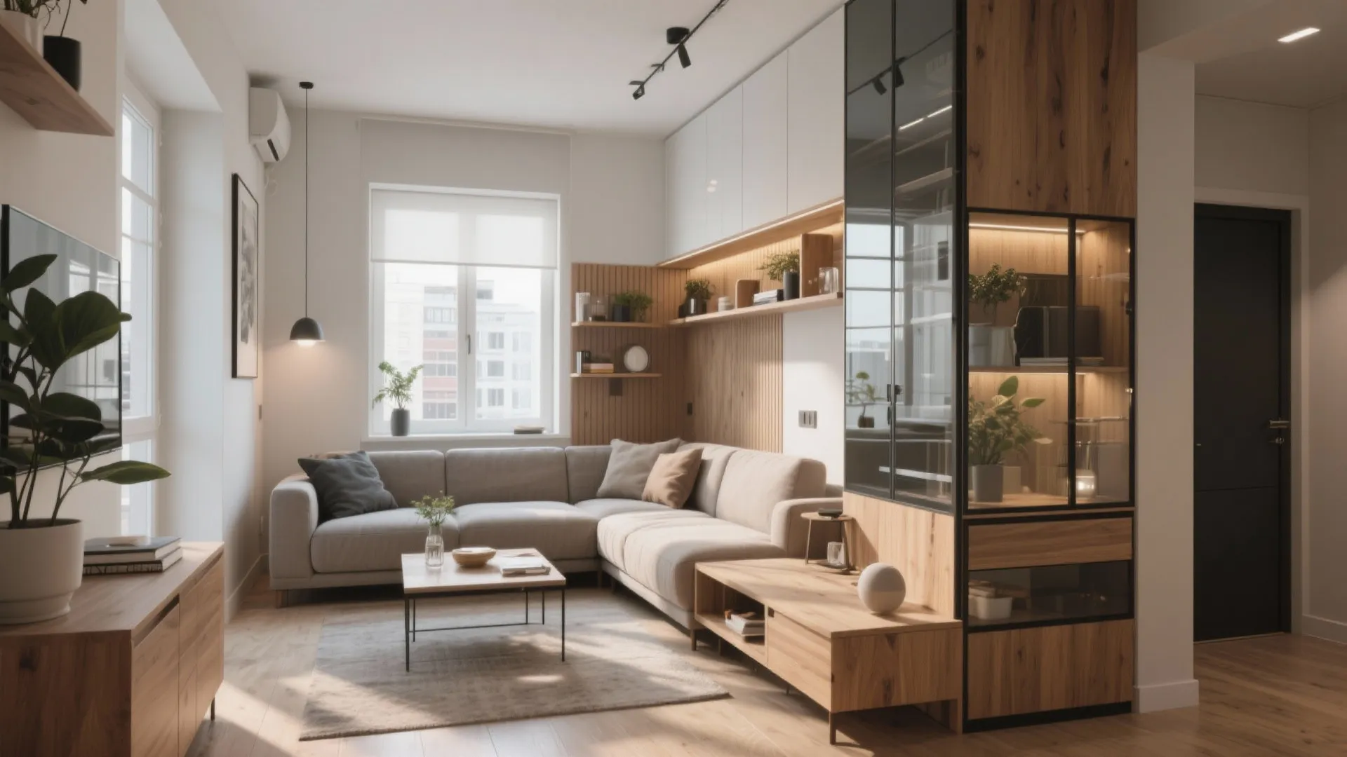 Small apartment living room with grey corner sofa wooden cabinet shelving and large bright windows