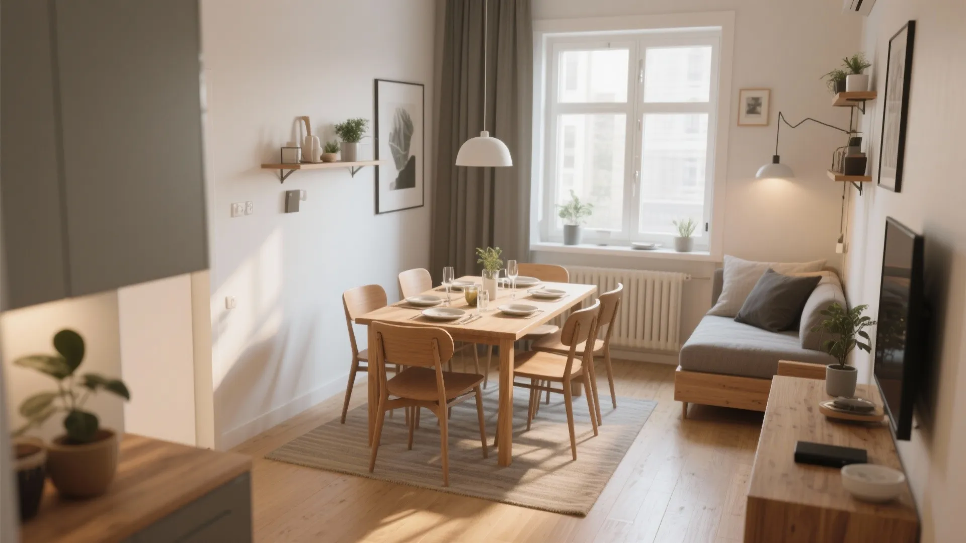 Minimalist dining area with wooden table, chairs, grey sofa, bright window, and white ceiling light