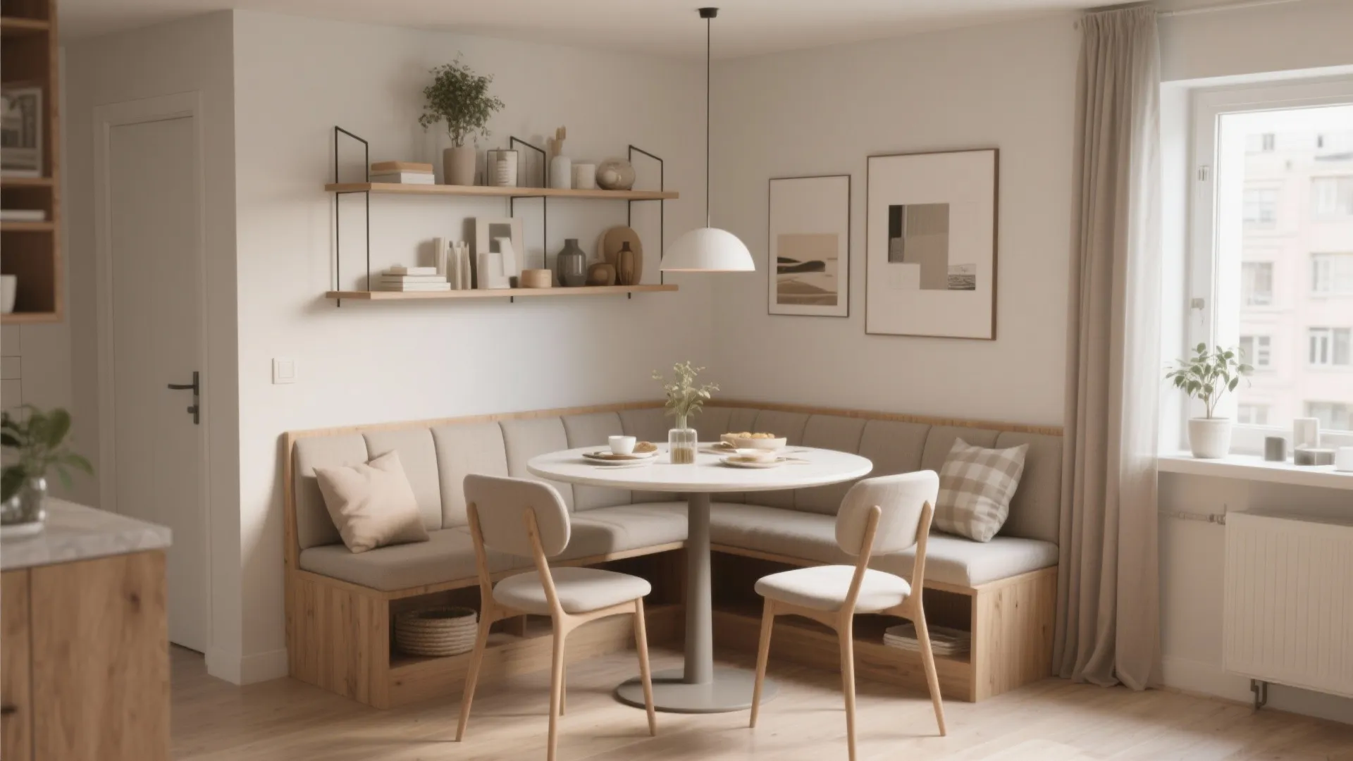 Small dining area with corner bench round white table two chairs and wooden wall shelves