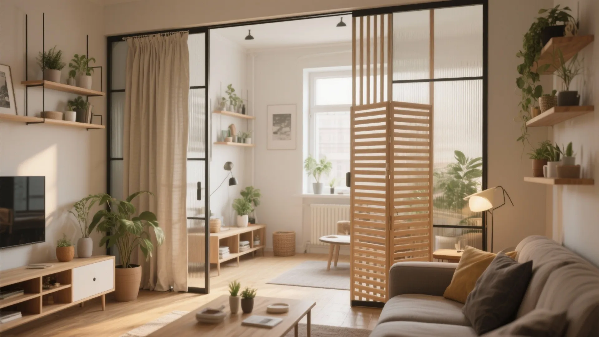 Bright living room with wooden furniture potted plants a tall curtain and a wood slat screen