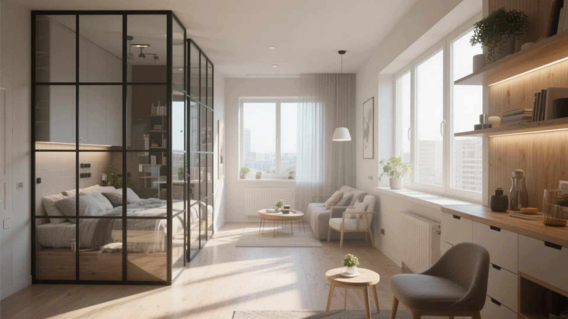 Bright studio apartment featuring glass wall bedroom and small living area with light wood floor