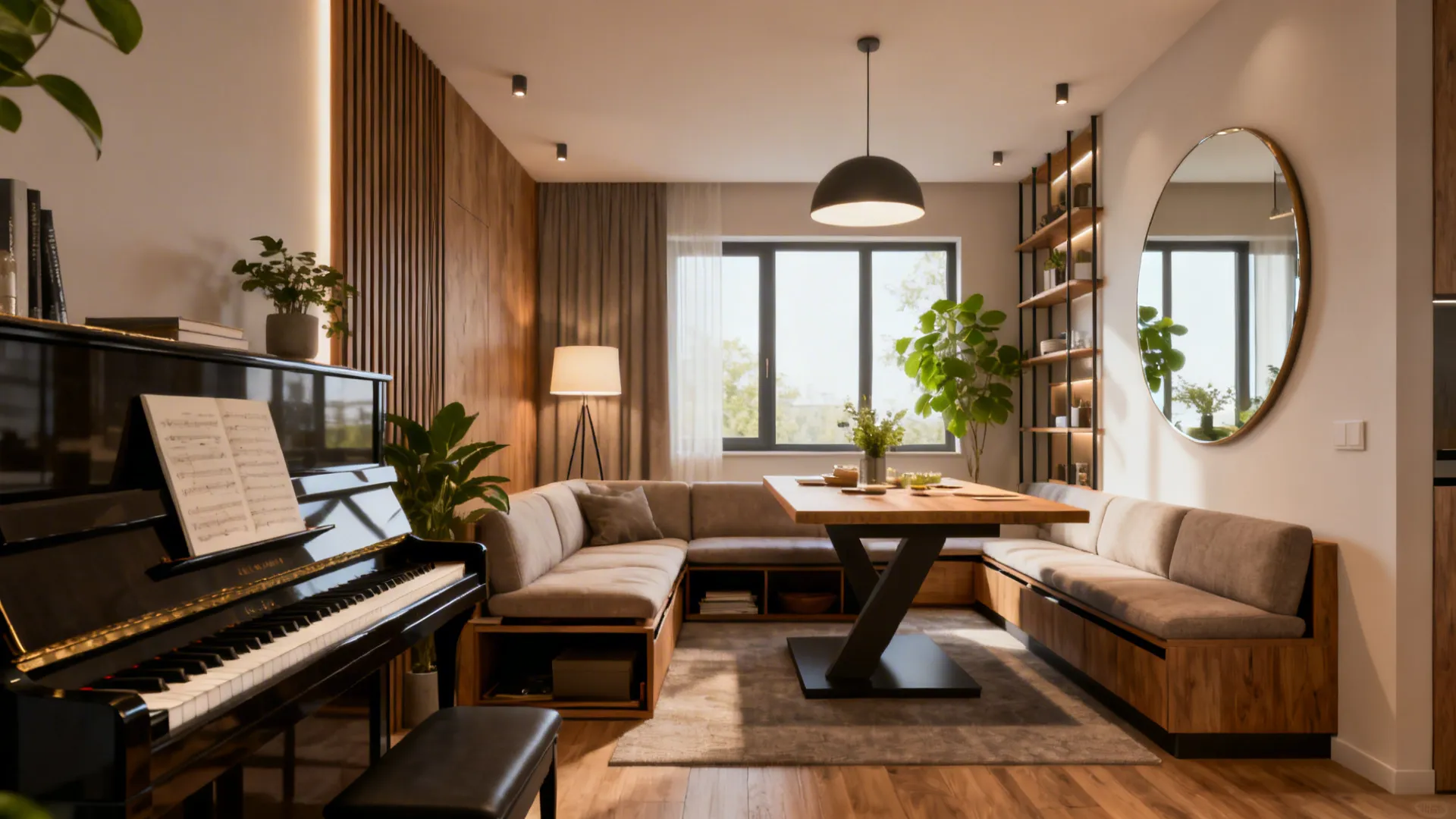 Modern living room with black piano wooden wall sofa dining table round mirror and plants