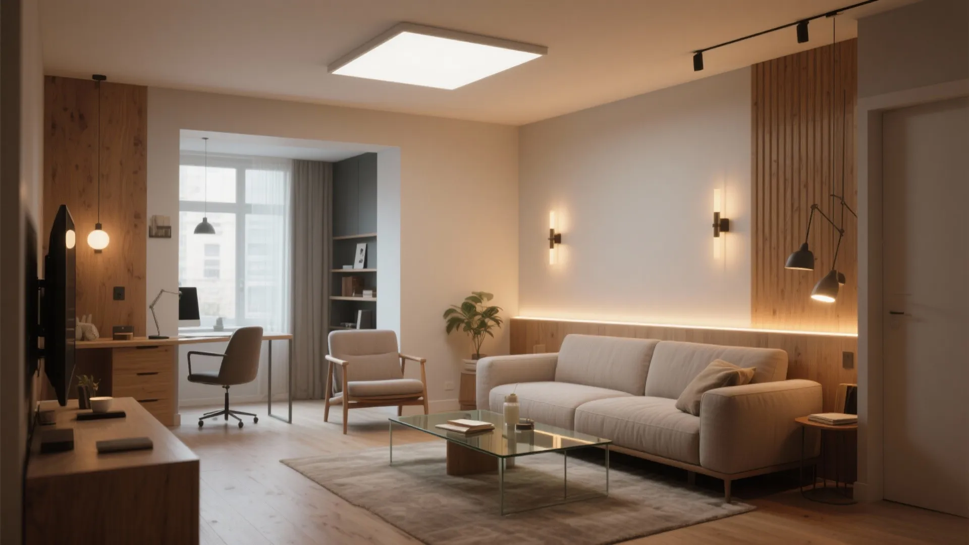 Modern warm living room with beige sofa glass coffee table wood floor and multiple light fixtures