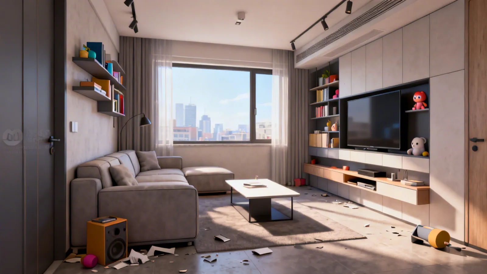 Compact apartment living area with modular furniture and integrated storage