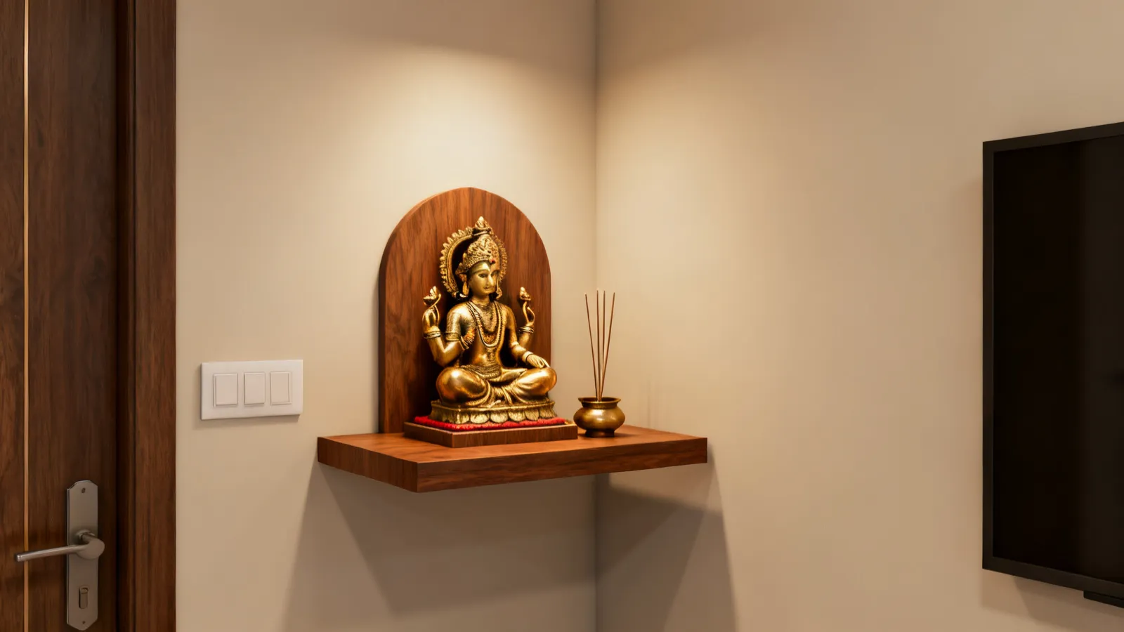 small apartment corner converted into a pooja space with floating mandir