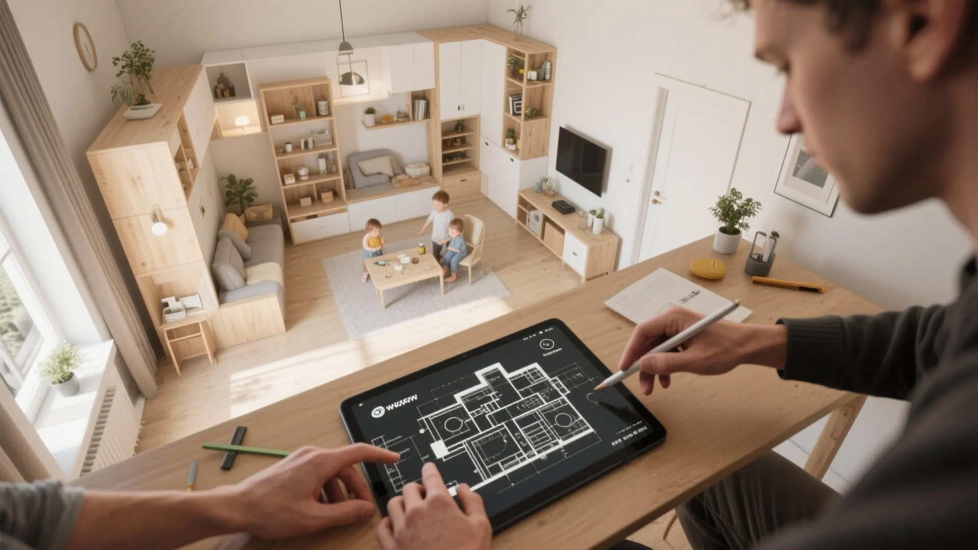 Top-down view of a small apartment redesign with modular layout tools