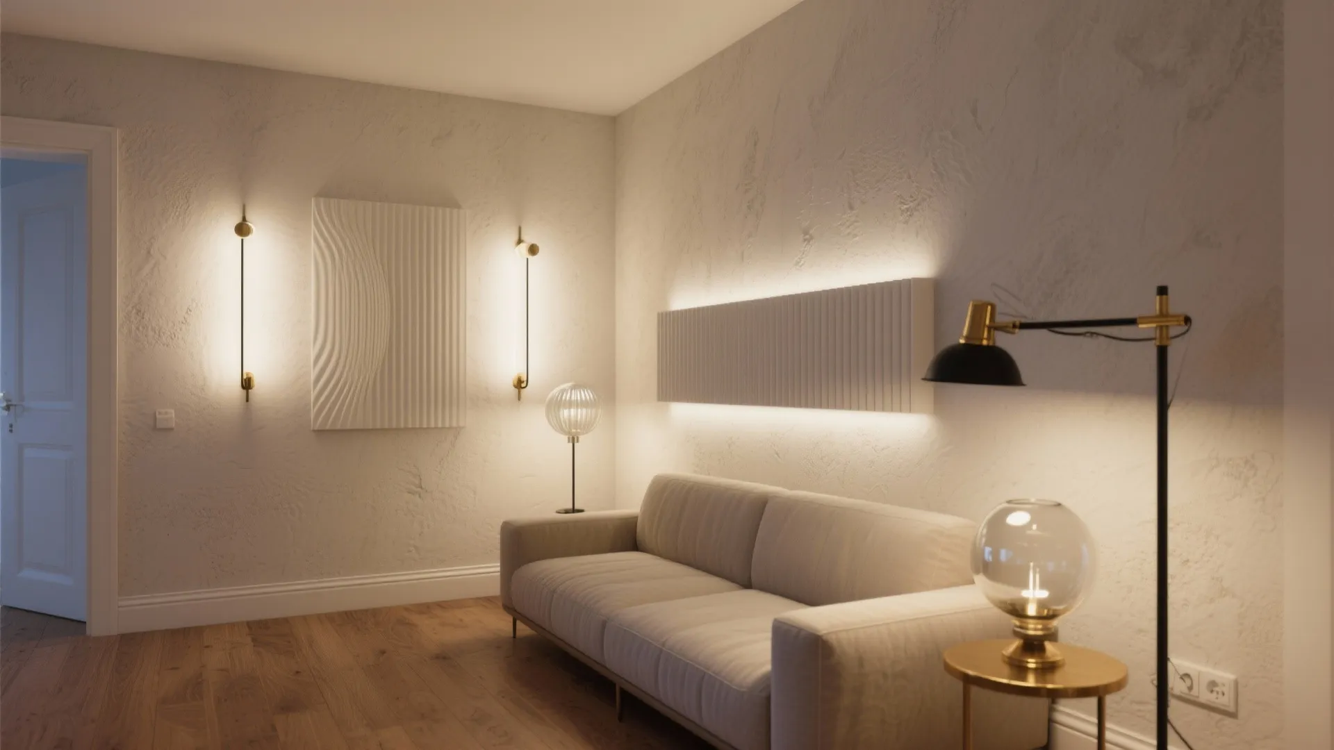 Minimalist living room featuring a beige sofa wooden flooring wall panel and three warm lights