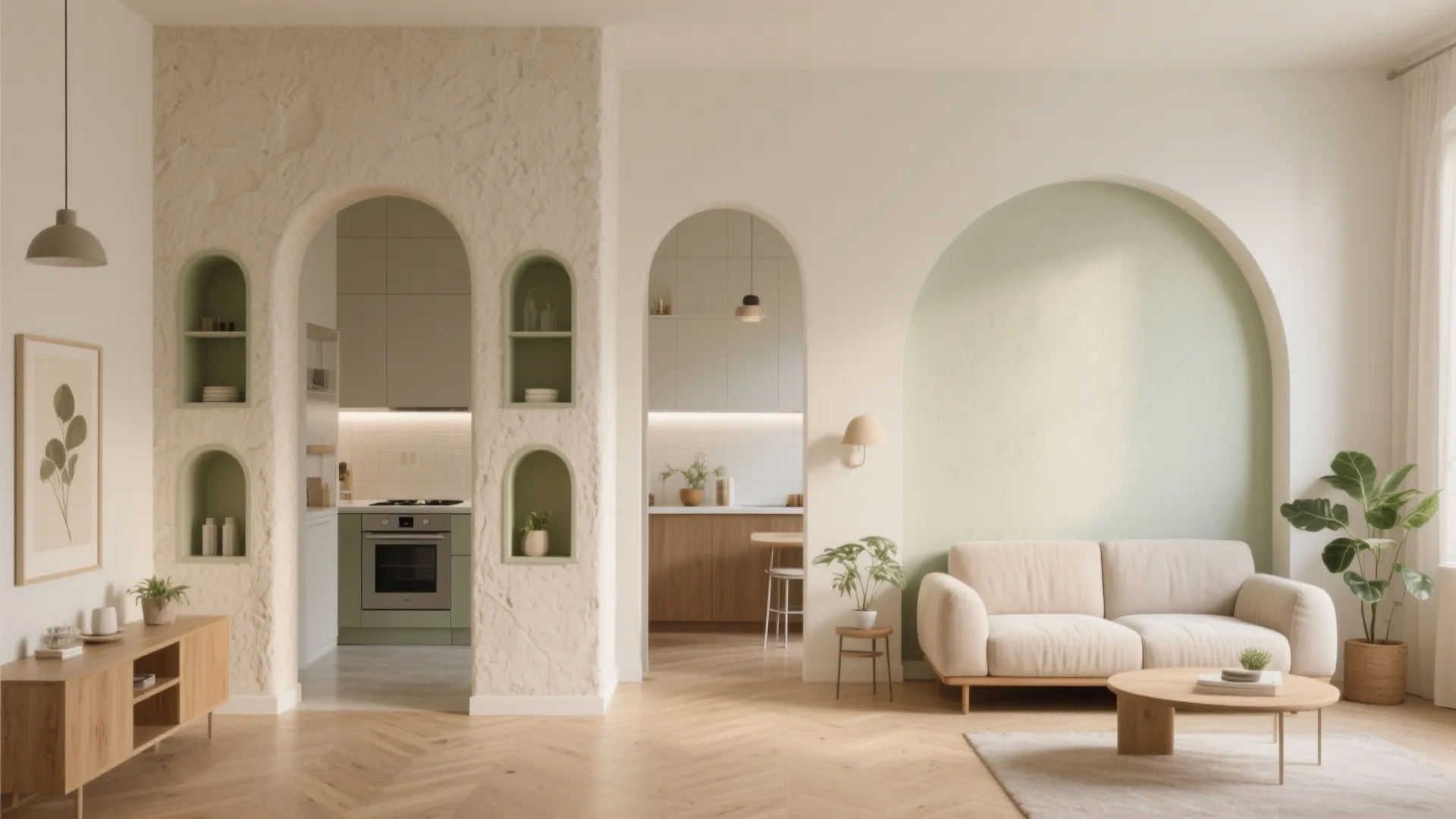 Modern living room with white sofa, round coffee table, and several curved arch wall openings