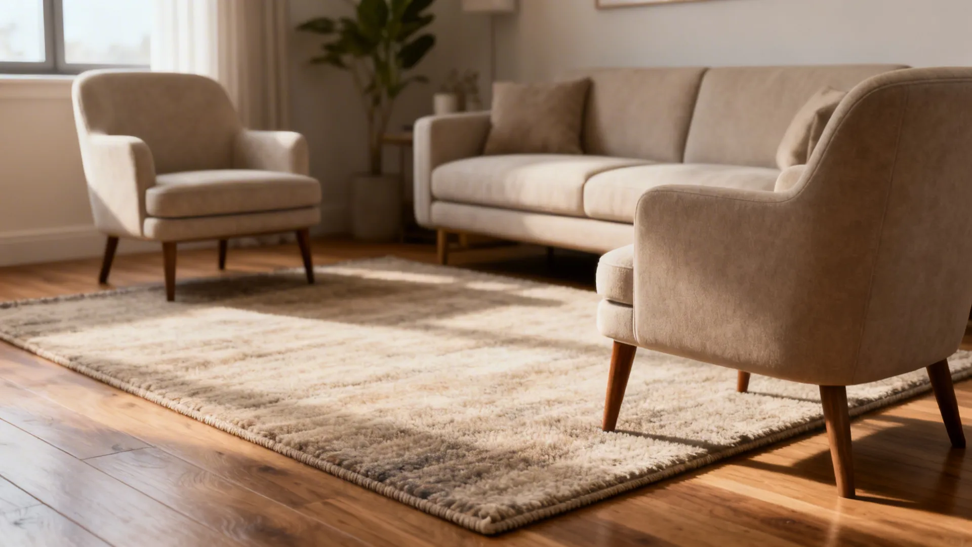 Small living area with a 5x8 rug anchoring a two-seater sofa and accent chairs